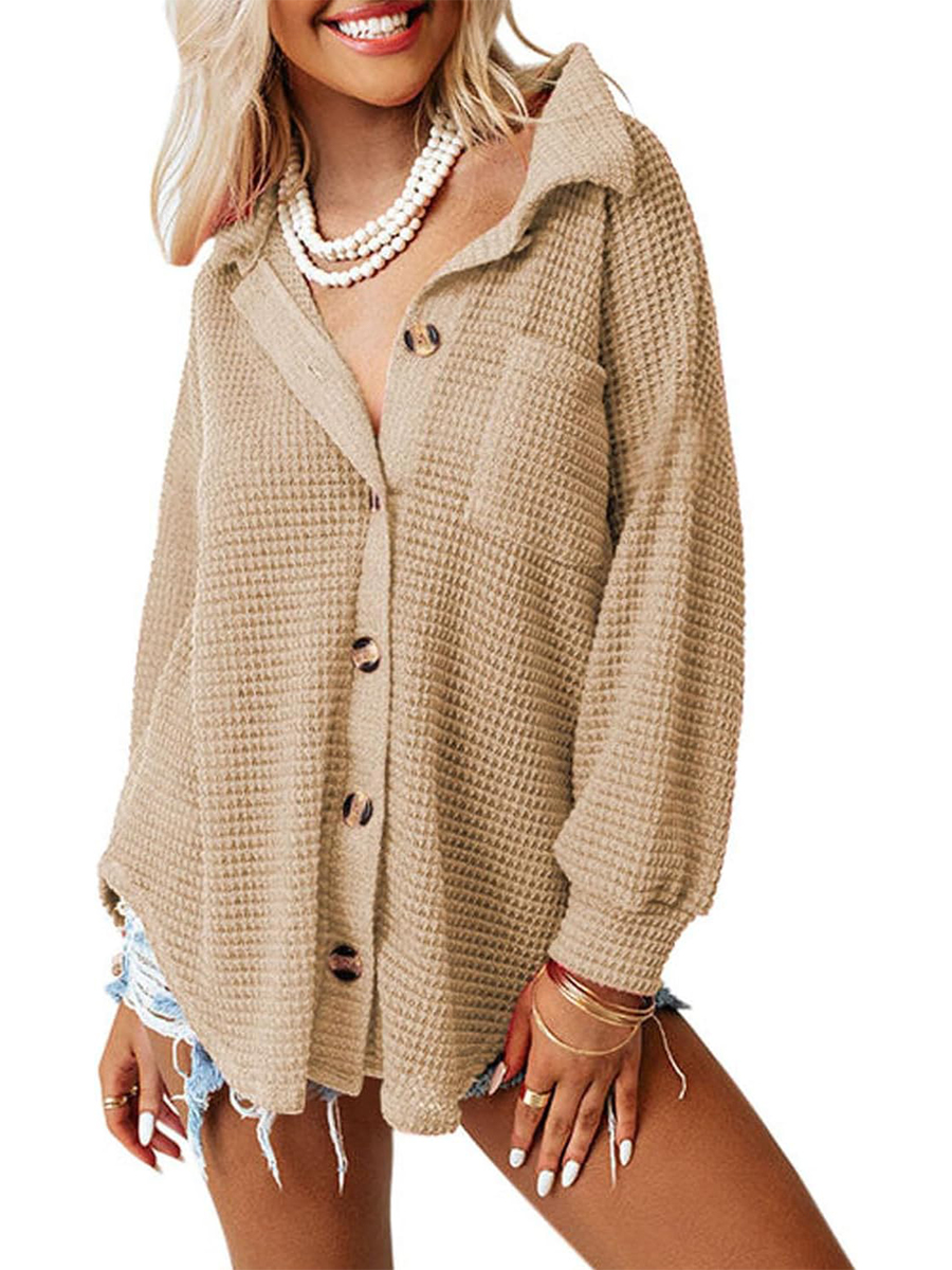 Women's Waffle Knit Casual Button Down Shirts Jacket