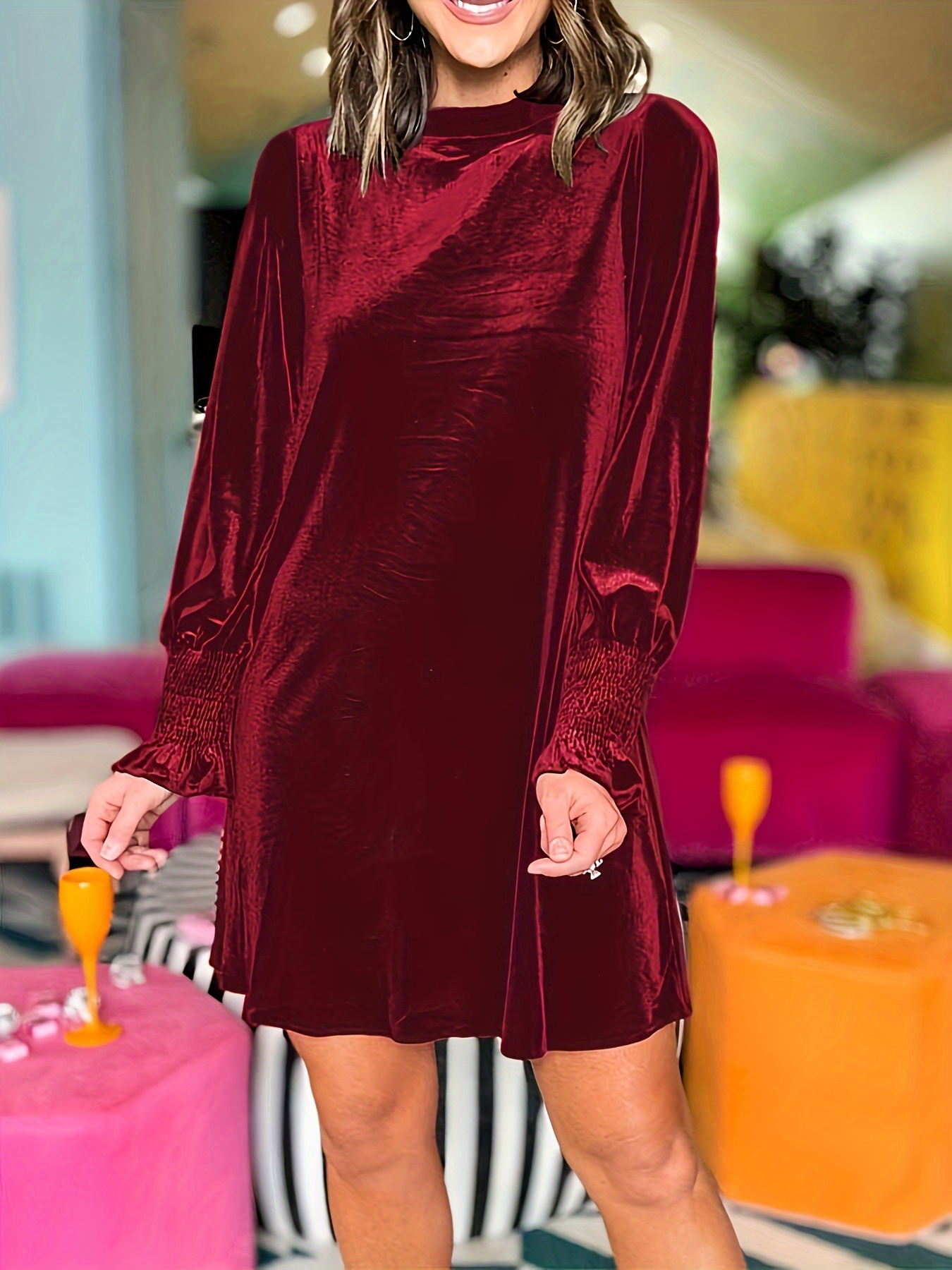 Women's Long Sleeve Crewneck Shift Velvet Dress