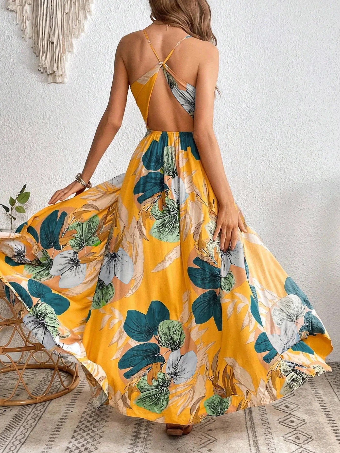 Women's Tropical Print Overlap Collar Backless Slit Thigh Cami Dress