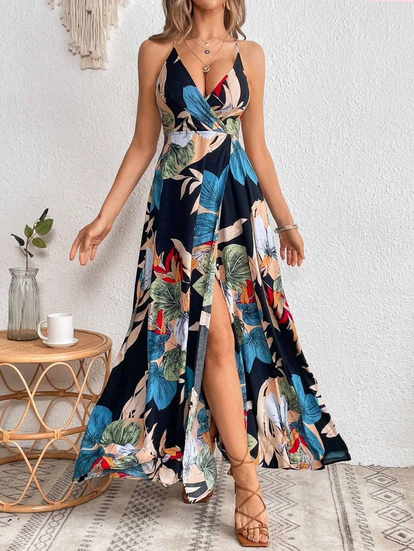 Women's Tropical Print Overlap Collar Backless Slit Thigh Cami Dress