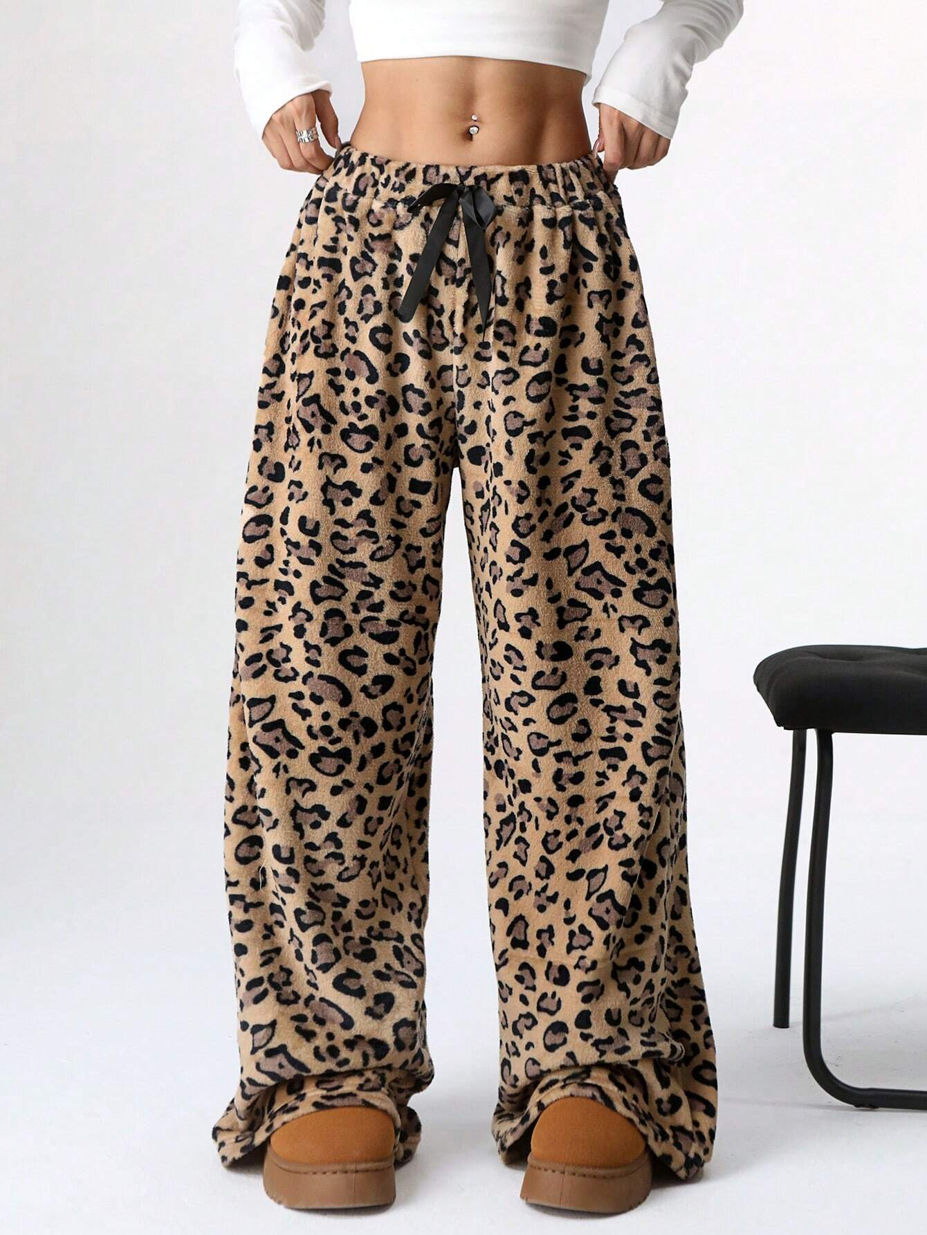 Women's Tie-Waist Fluffy Print Casual Wide Leg Baggy Pants