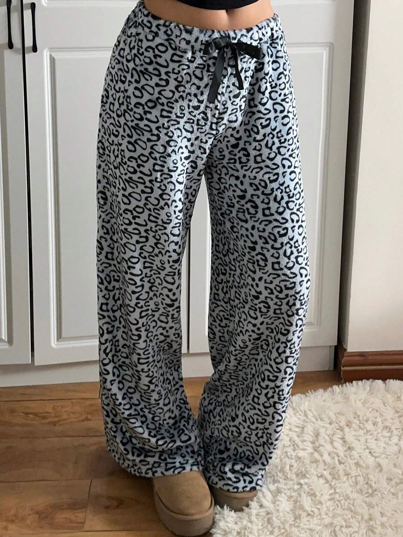 Women's Tie-Waist Fluffy Print Casual Wide Leg Baggy Pants