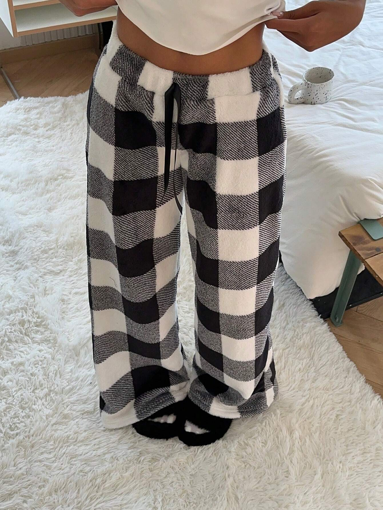 Women's Tie-Waist Fluffy Print Casual Wide Leg Baggy Pants