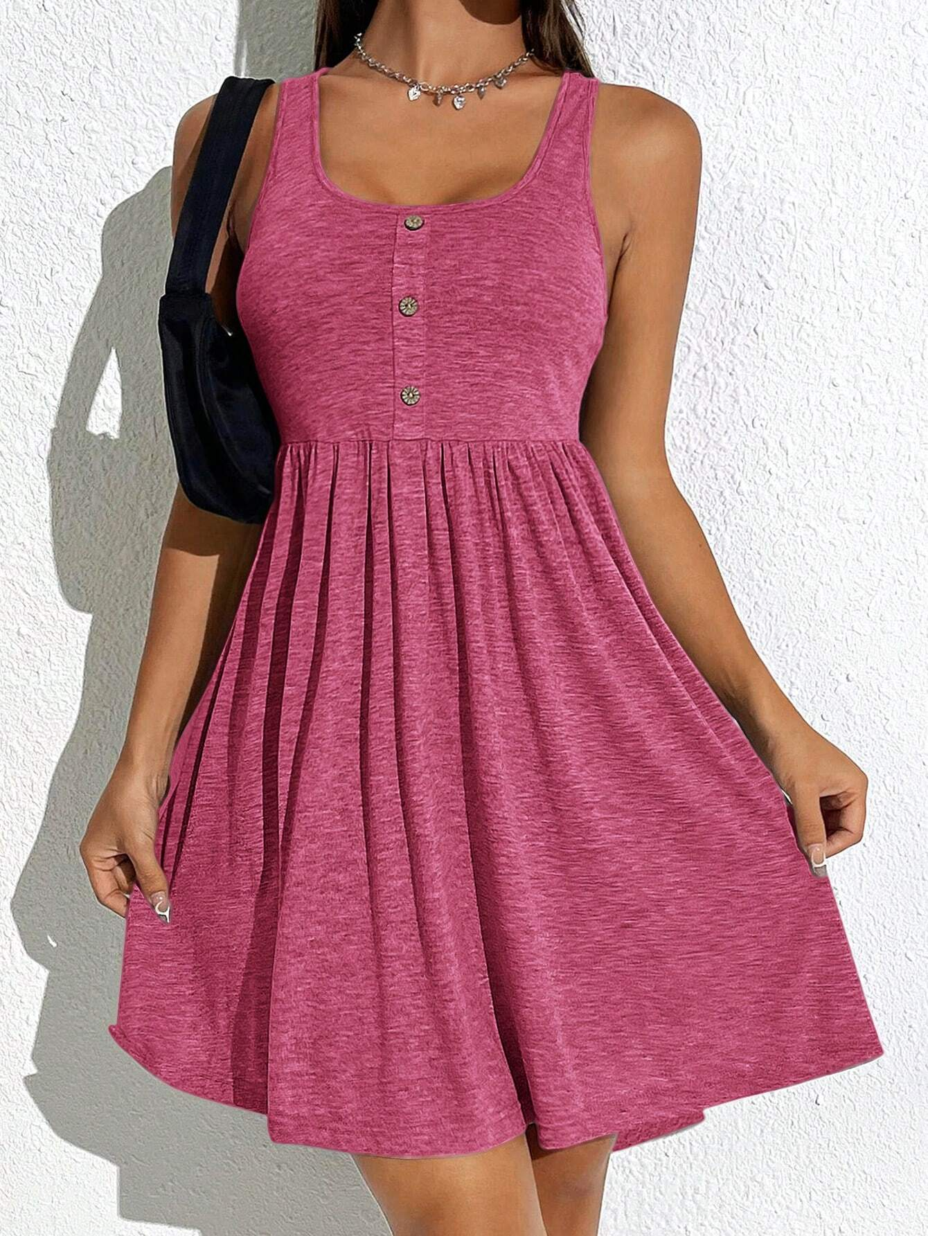 Women's Plain Fake Buttons Scoop Neck Tank A Line Dress (BUY 2 FREE SHIPPING)