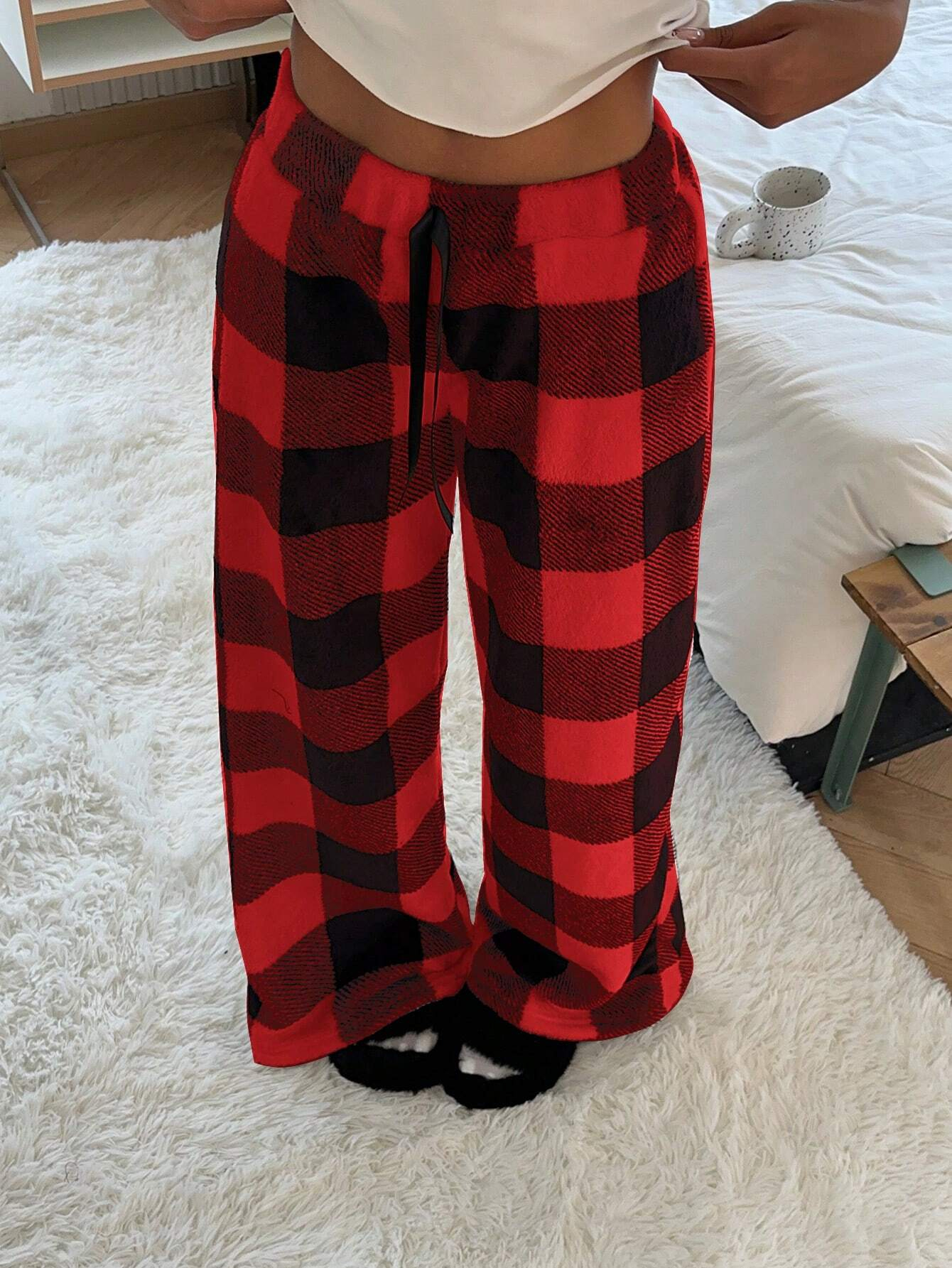 Women's Tie-Waist Fluffy Print Casual Wide Leg Baggy Pants