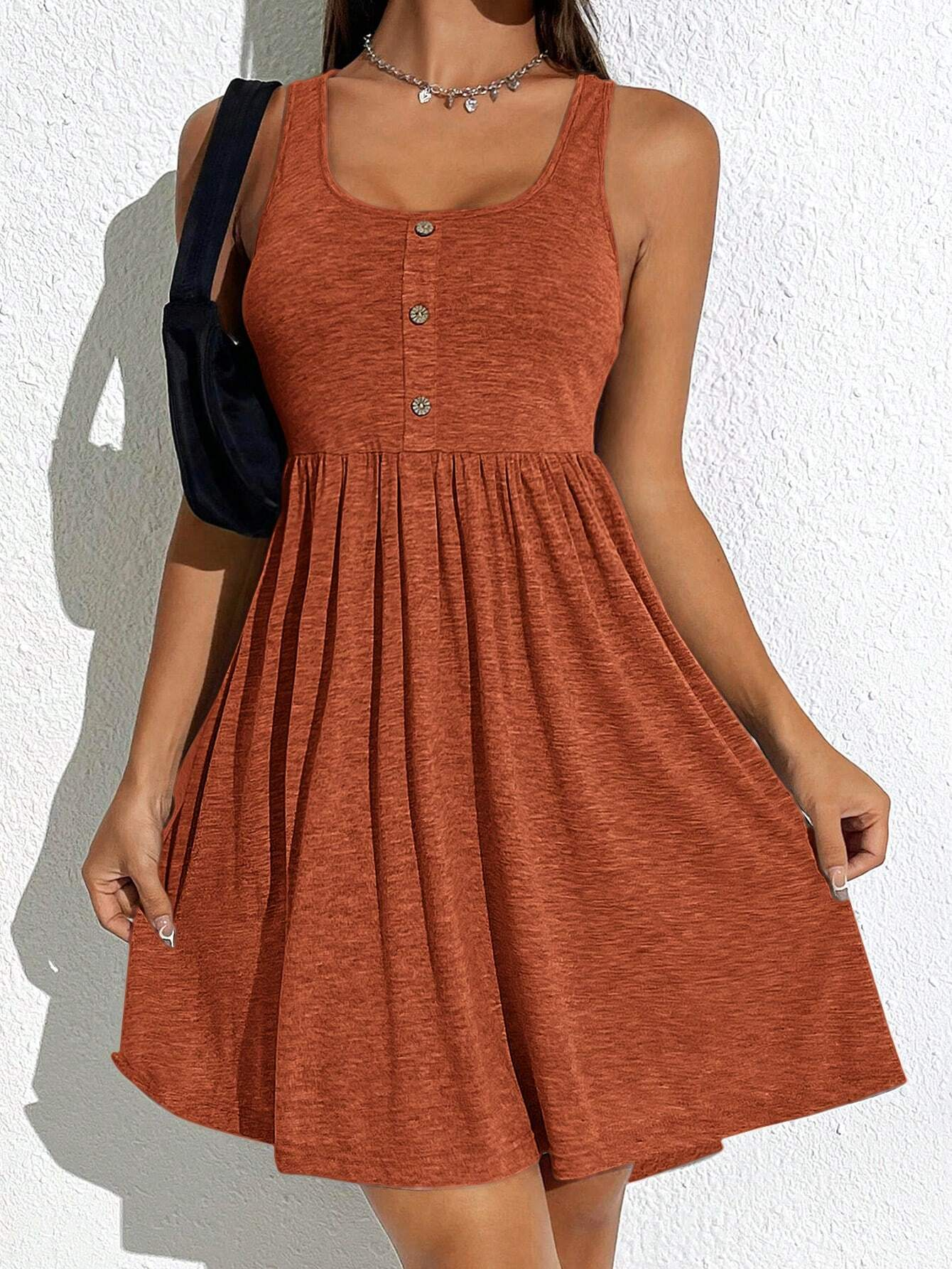 Women's Plain Fake Buttons Scoop Neck Tank A Line Dress (BUY 2 FREE SHIPPING)