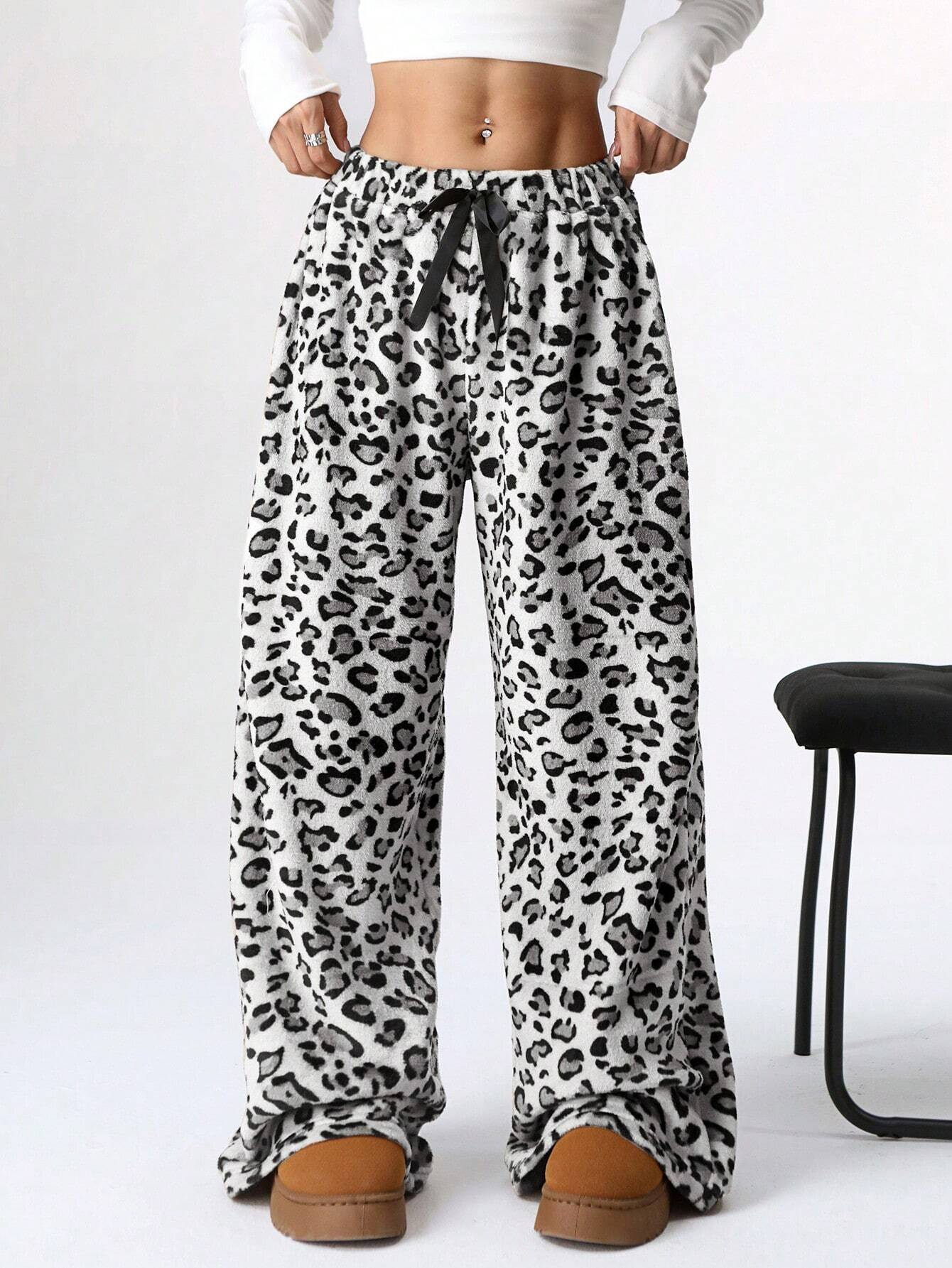 Women's Tie-Waist Fluffy Print Casual Wide Leg Baggy Pants