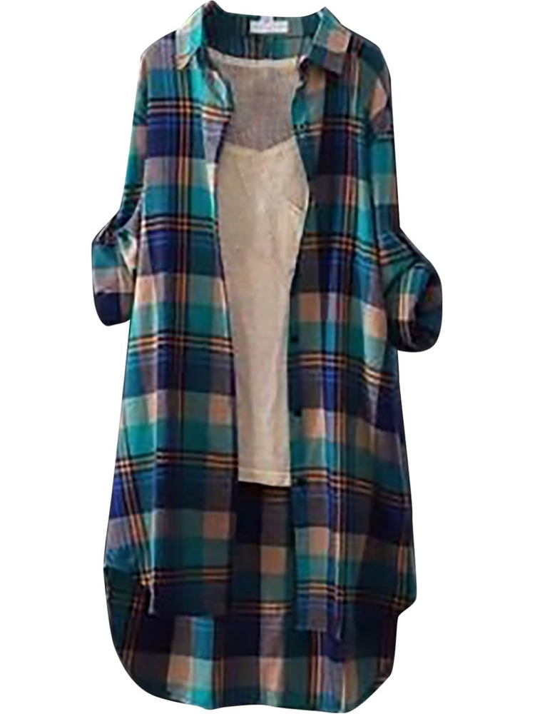 Women Casual Long Sleeve Button Down Loose Gingham Jacket