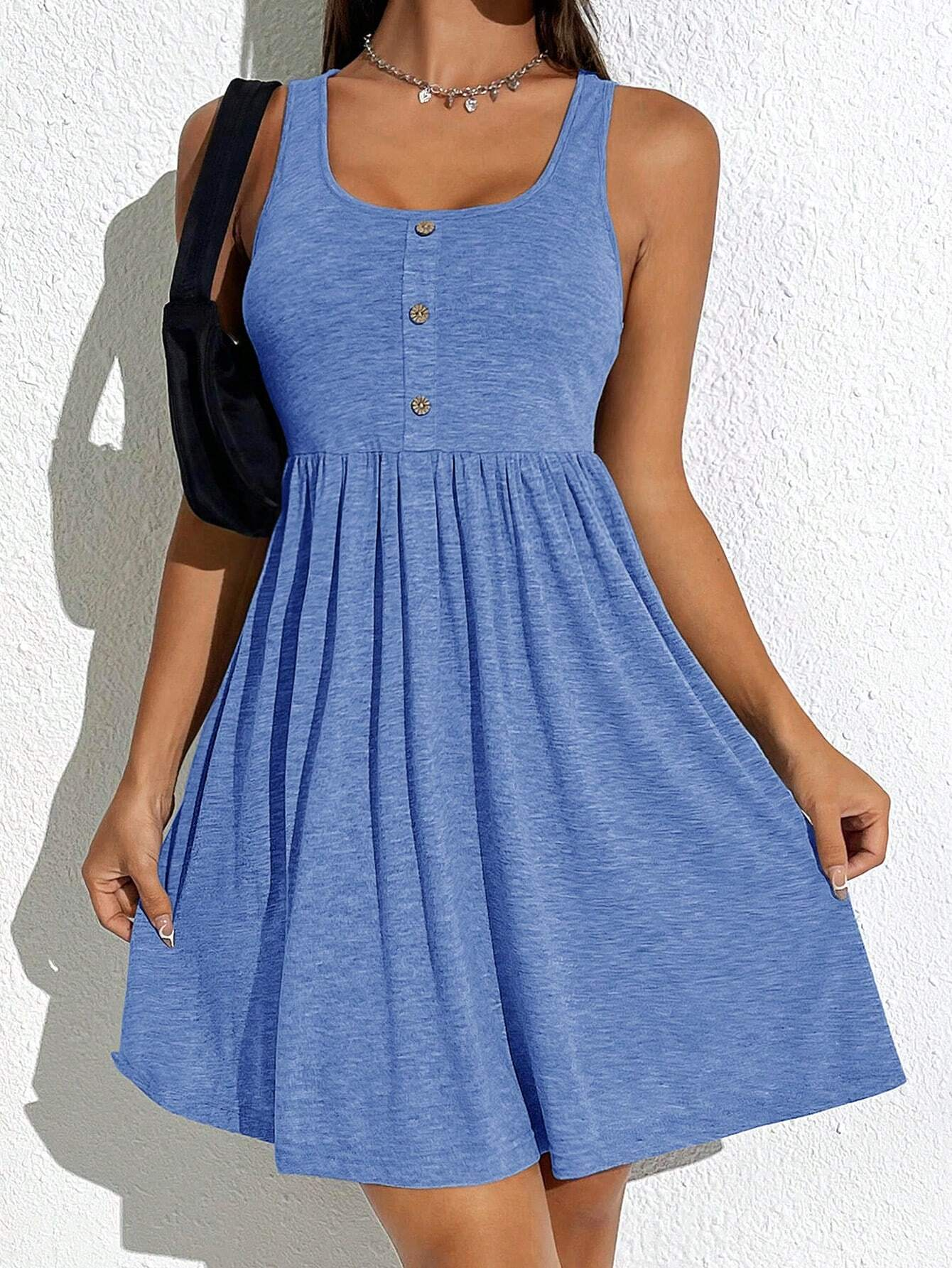 Women's Plain Fake Buttons Scoop Neck Tank A Line Dress (BUY 2 FREE SHIPPING)