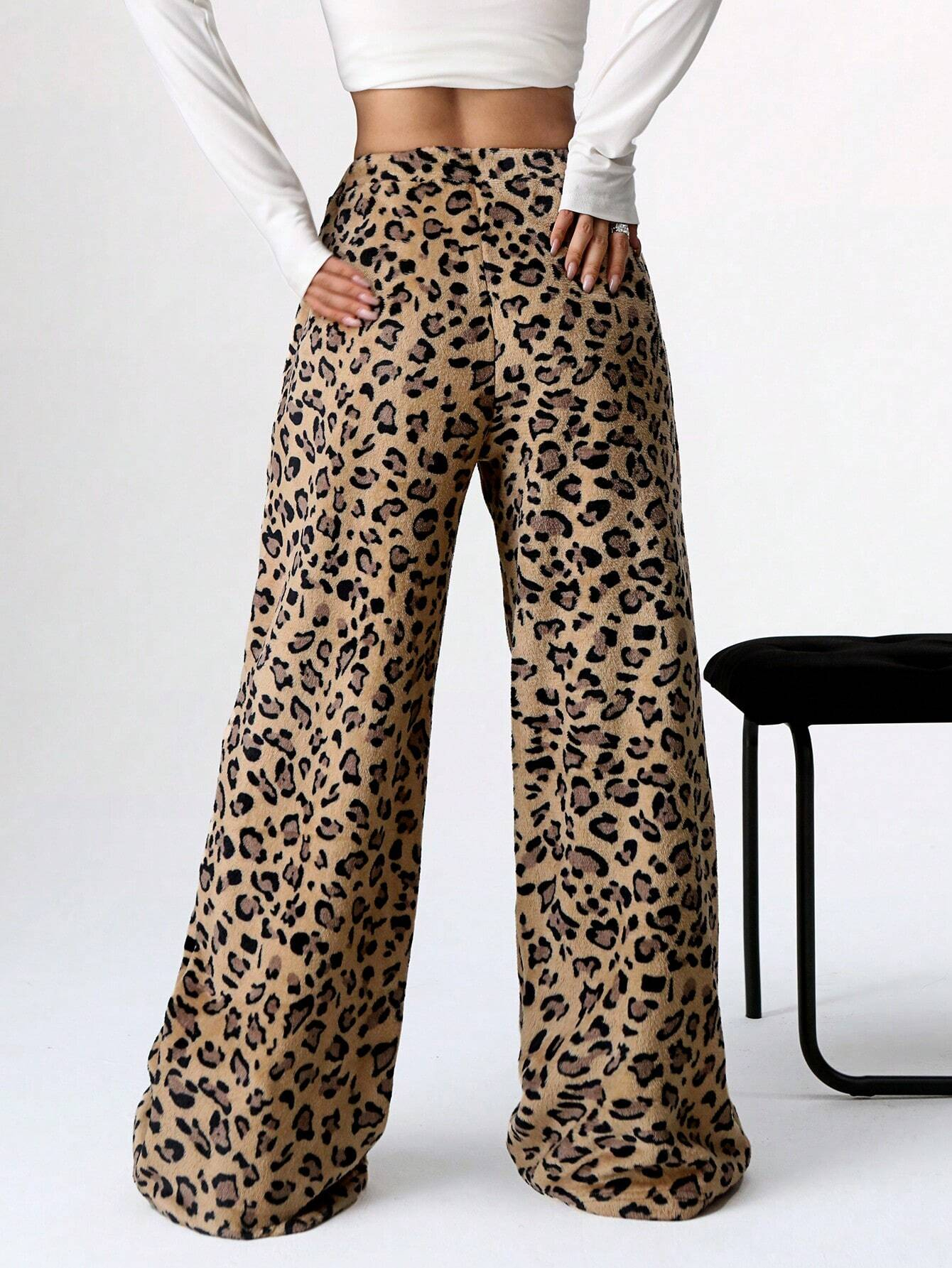 Women's Tie-Waist Fluffy Print Casual Wide Leg Baggy Pants