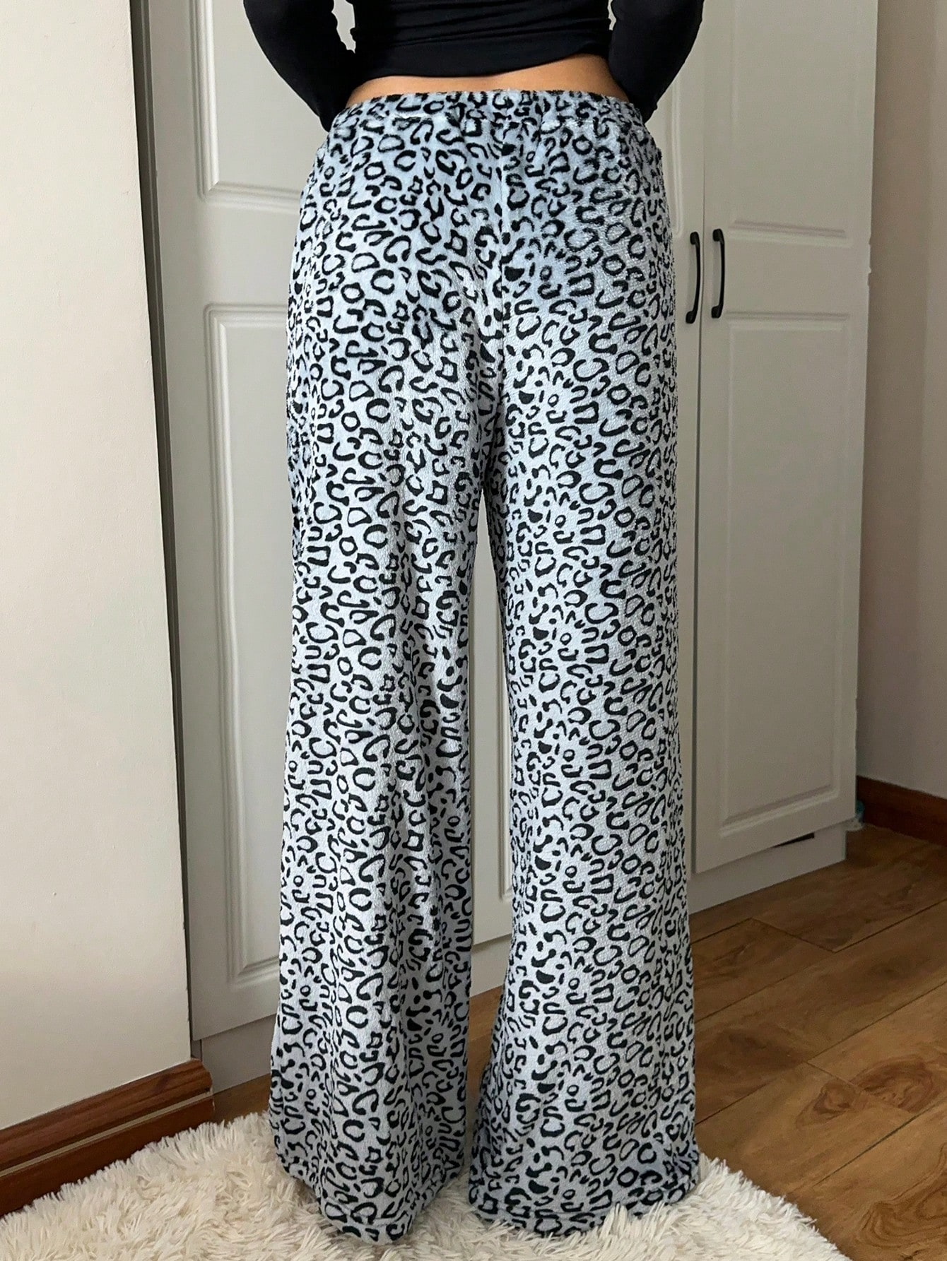 Women's Tie-Waist Fluffy Print Casual Wide Leg Baggy Pants