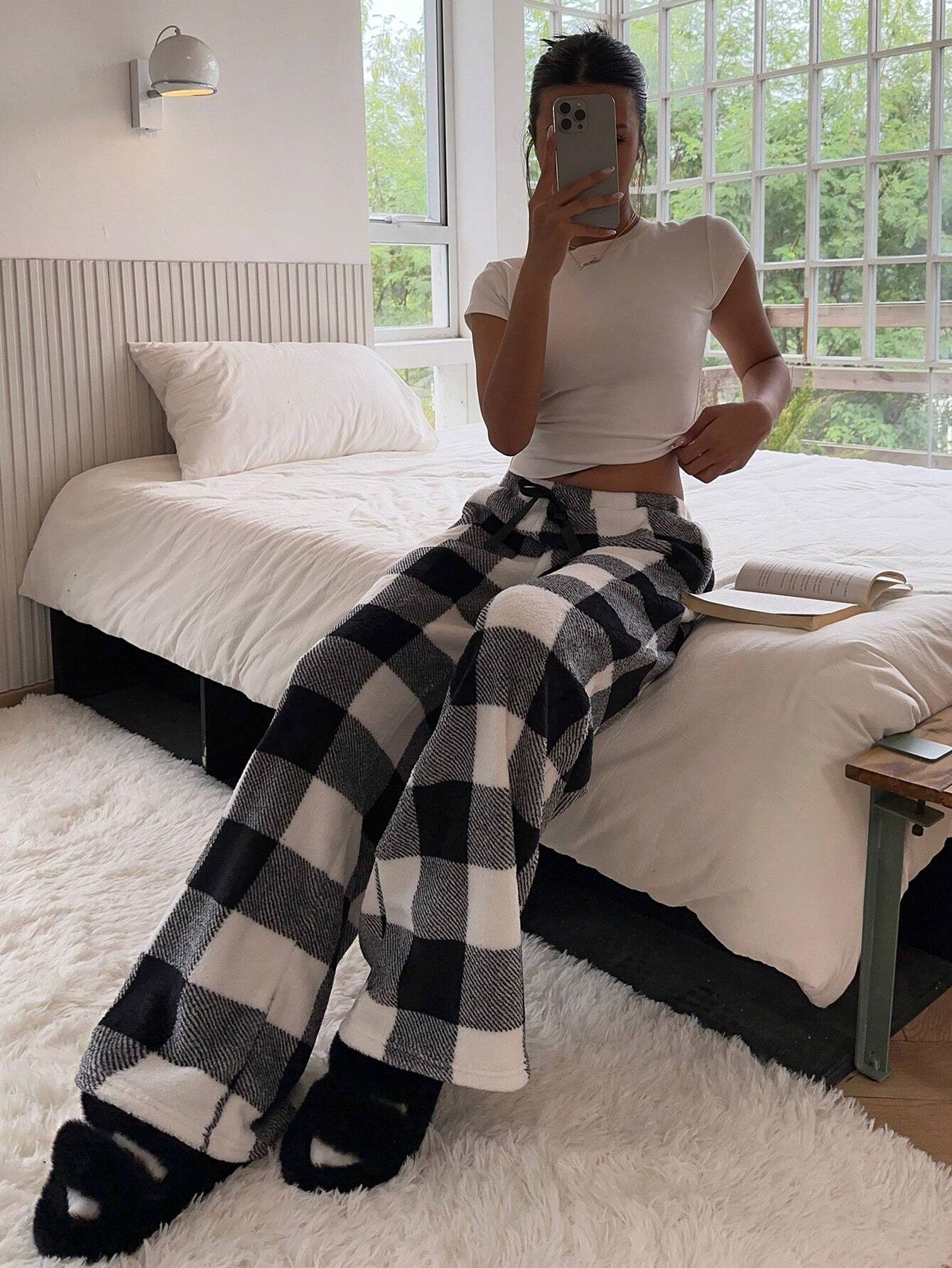 Women's Tie-Waist Fluffy Print Casual Wide Leg Baggy Pants