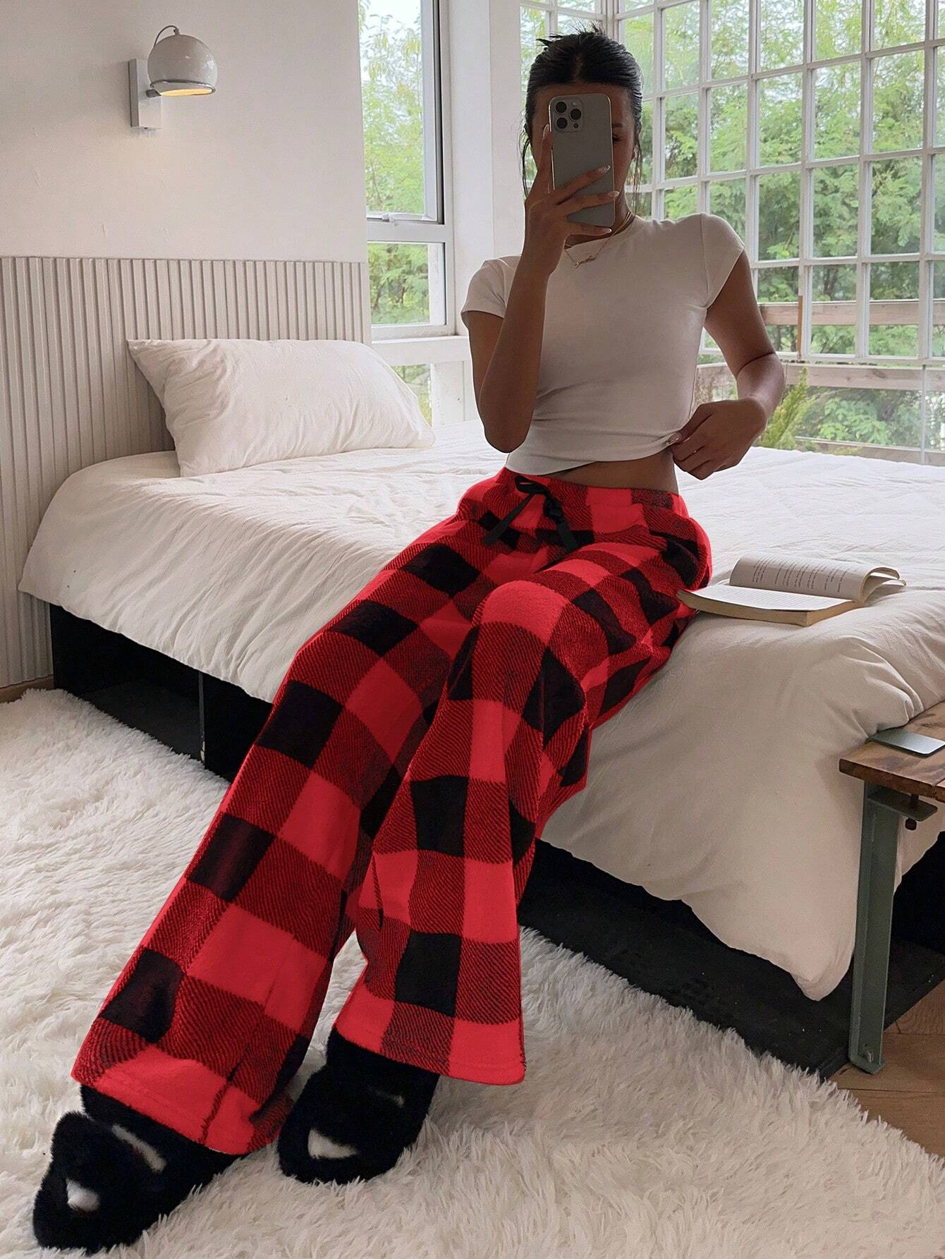 Women's Tie-Waist Fluffy Print Casual Wide Leg Baggy Pants