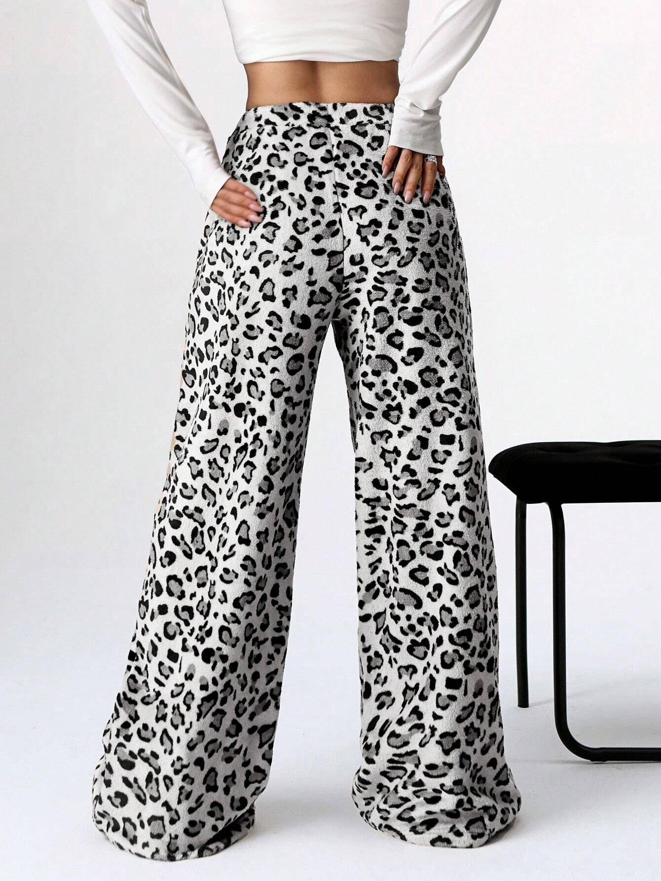 Women's Tie-Waist Fluffy Print Casual Wide Leg Baggy Pants
