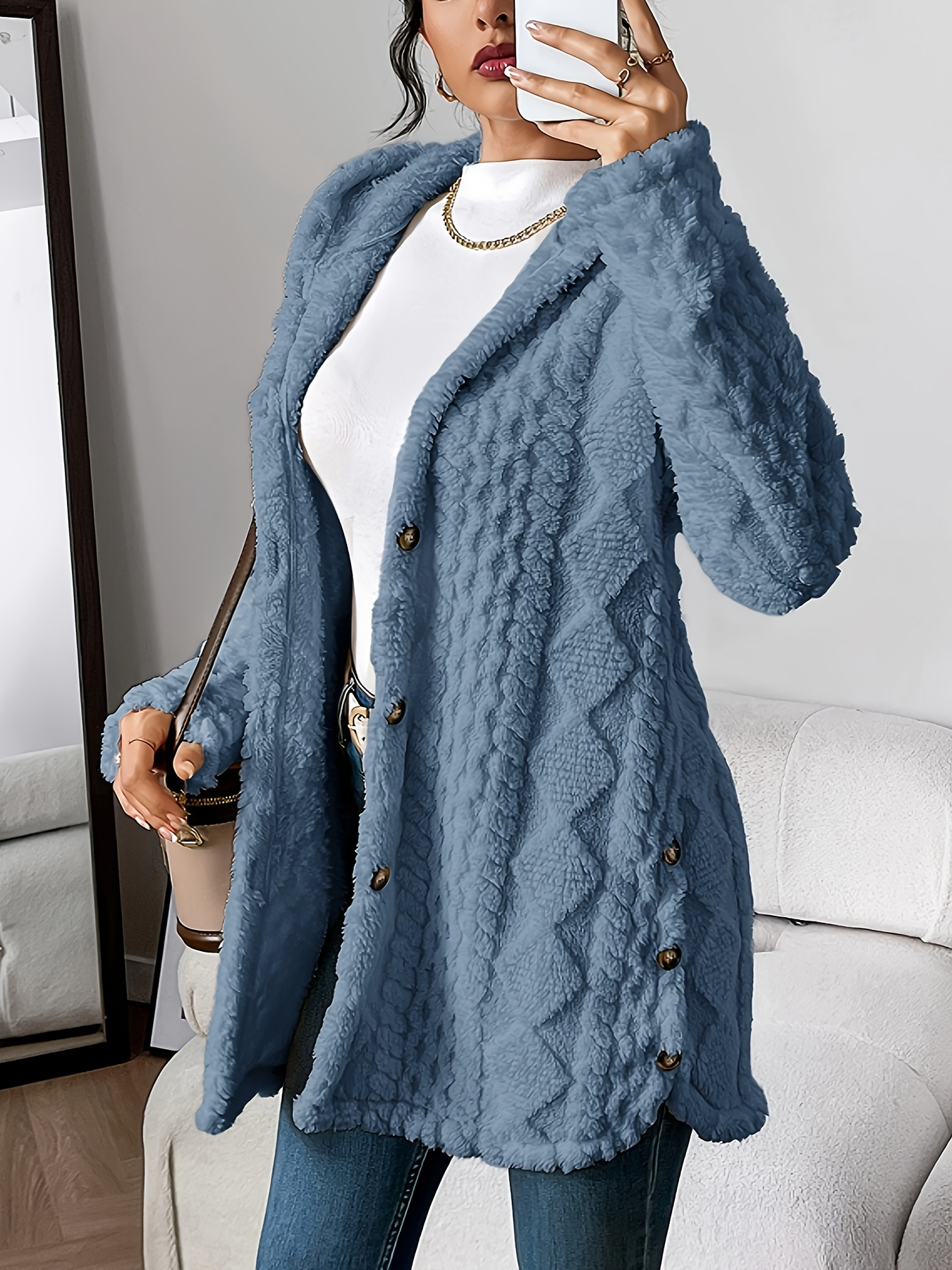 Womens Cozy Quilted Faux Fur Hooded Cardigan