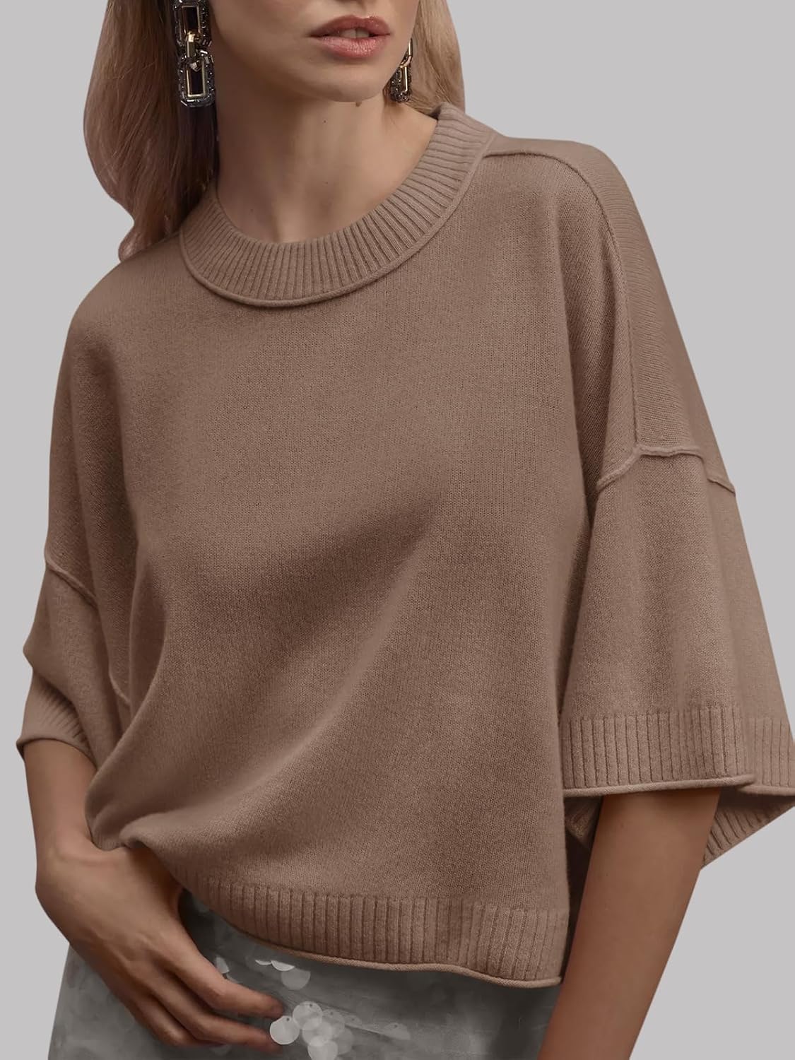 Womens Short Sleeve Oversized Crop Sweater Tops