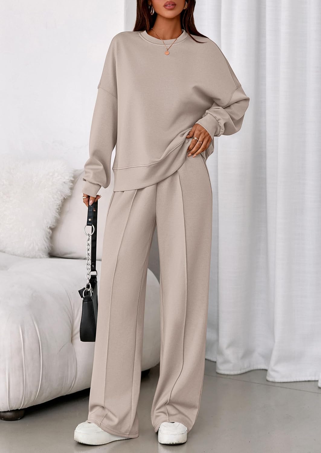 Womens Trendy Long Sleeve Sweatshirt Wide Leg Pants Loungewear Set
