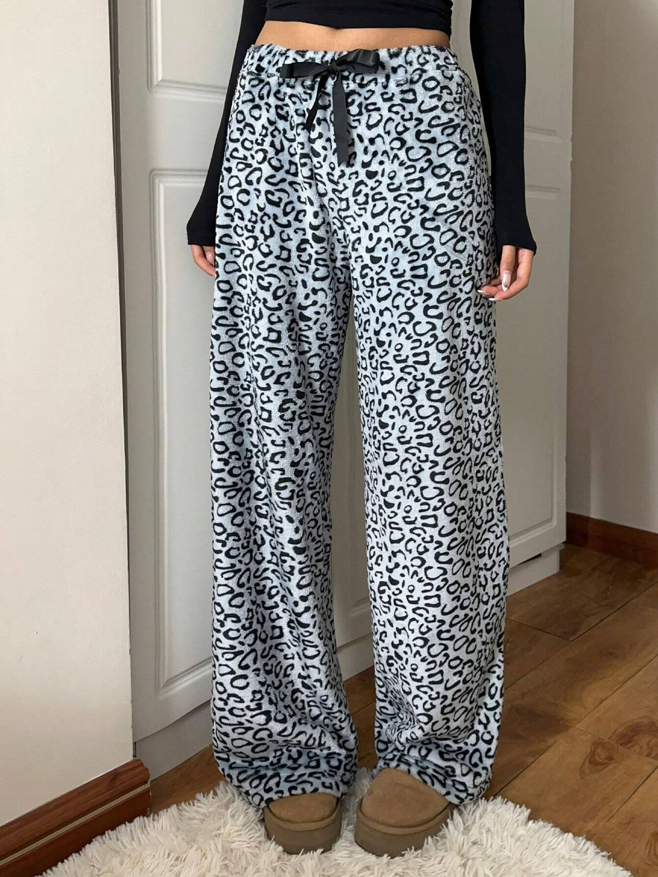 Women's Tie-Waist Fluffy Print Casual Wide Leg Baggy Pants