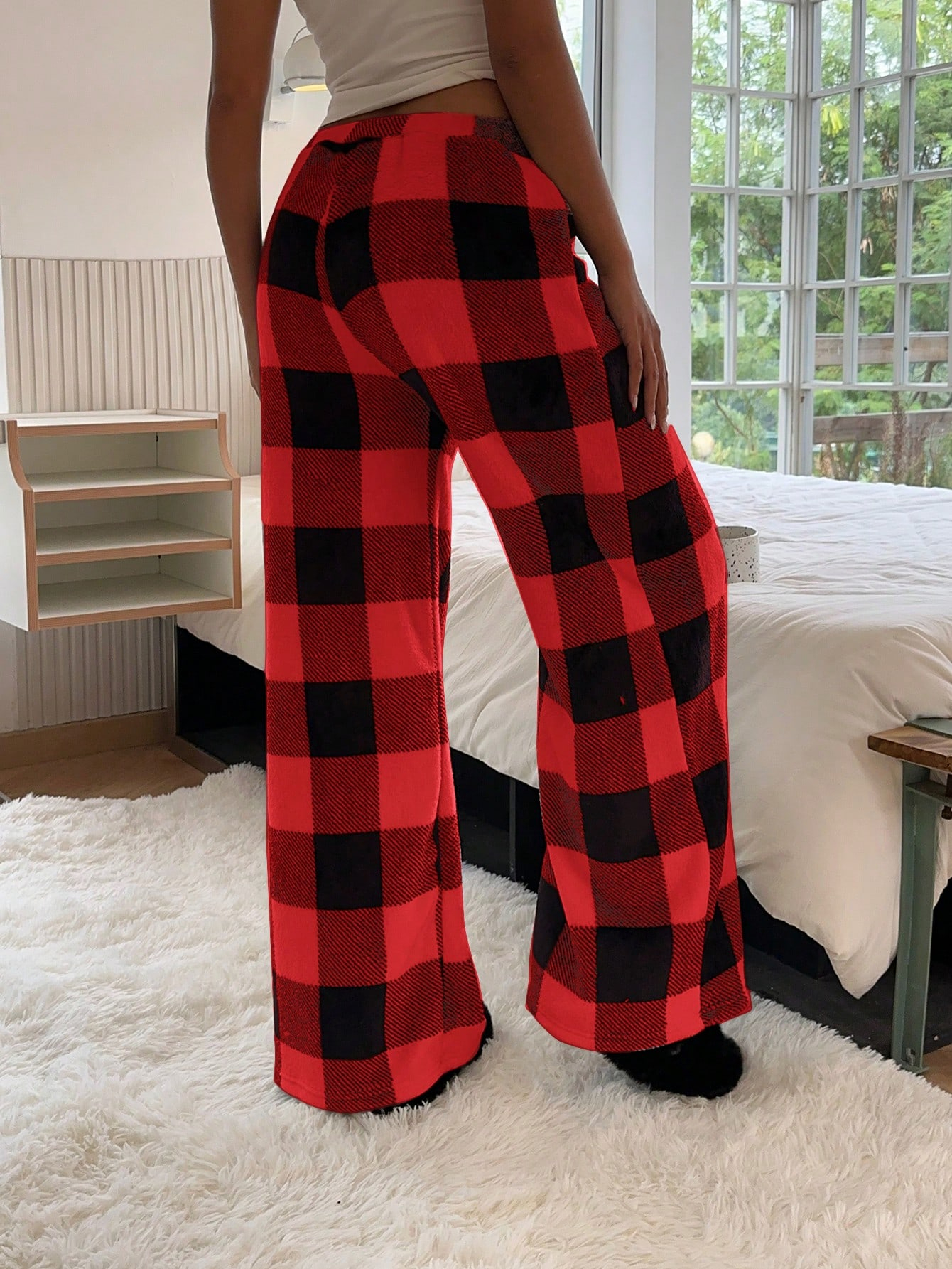 Women's Tie-Waist Fluffy Print Casual Wide Leg Baggy Pants