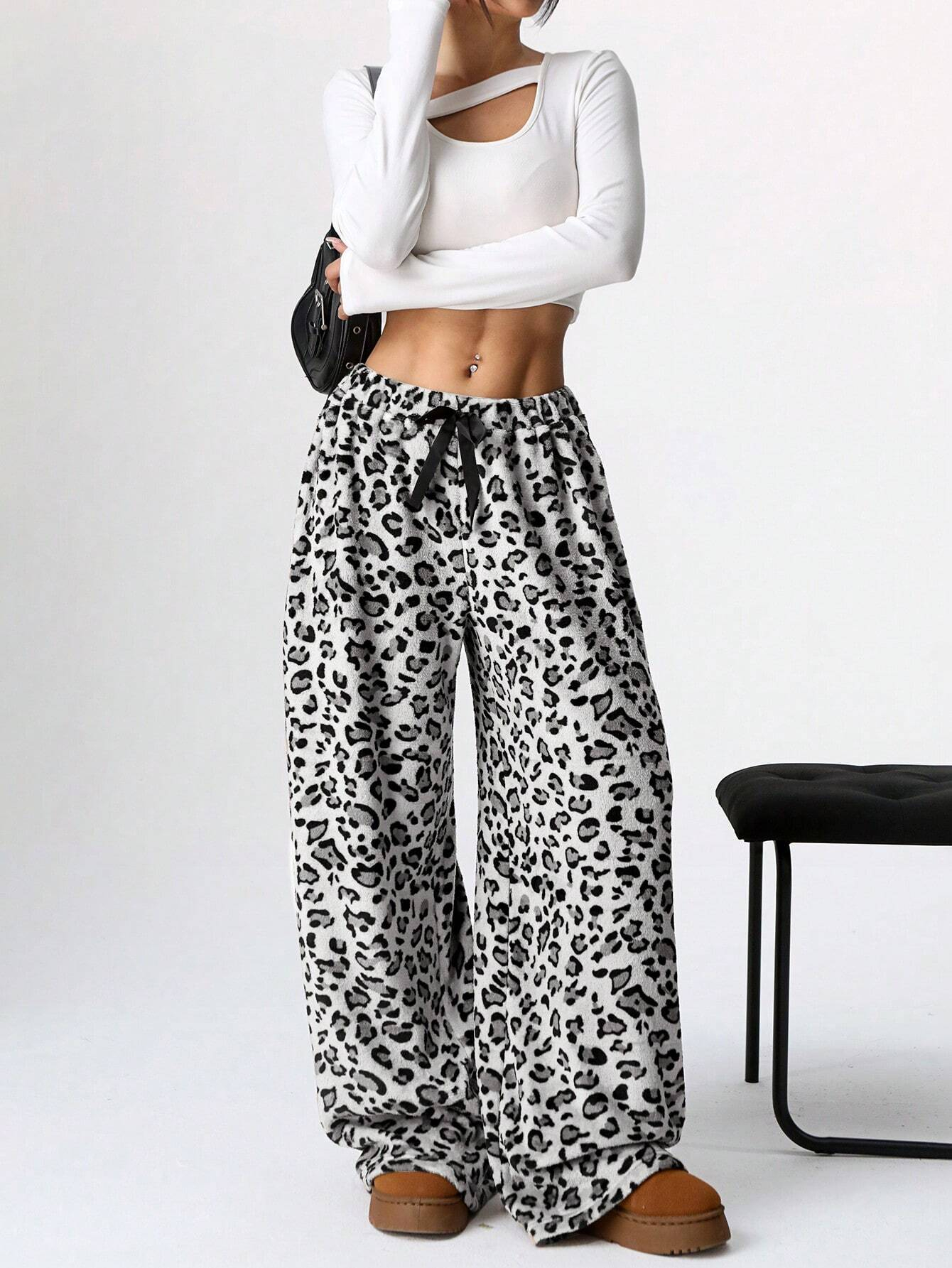 Women's Tie-Waist Fluffy Print Casual Wide Leg Baggy Pants