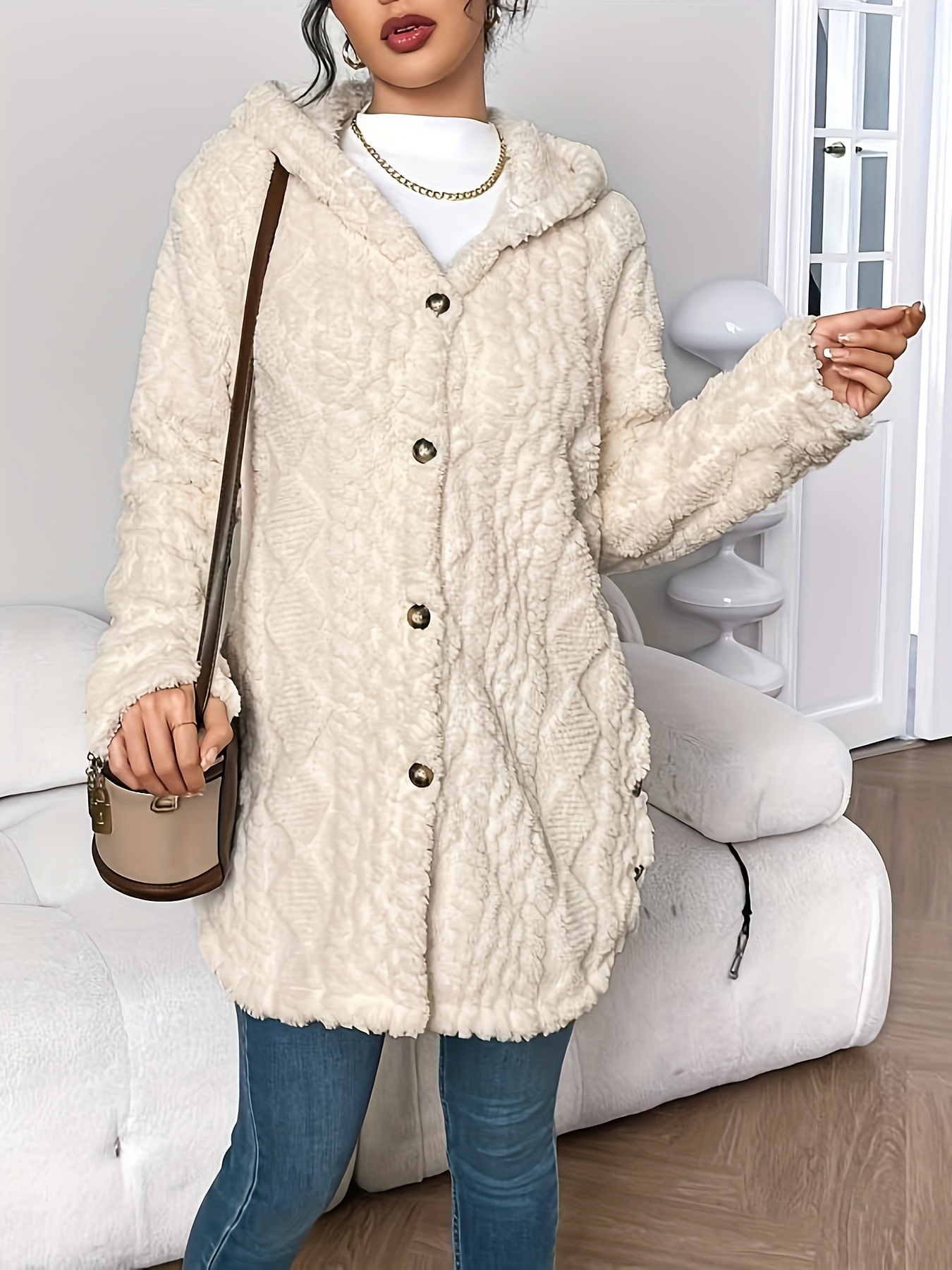 Womens Cozy Quilted Faux Fur Hooded Cardigan