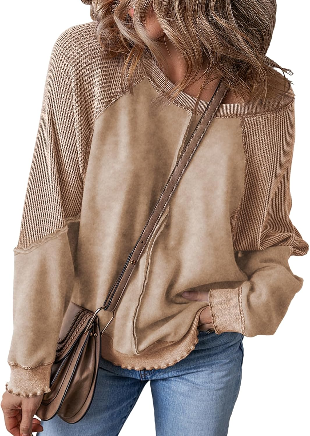 Womens Oversized Crewneck Long Sleeve Waffle Knit Tops