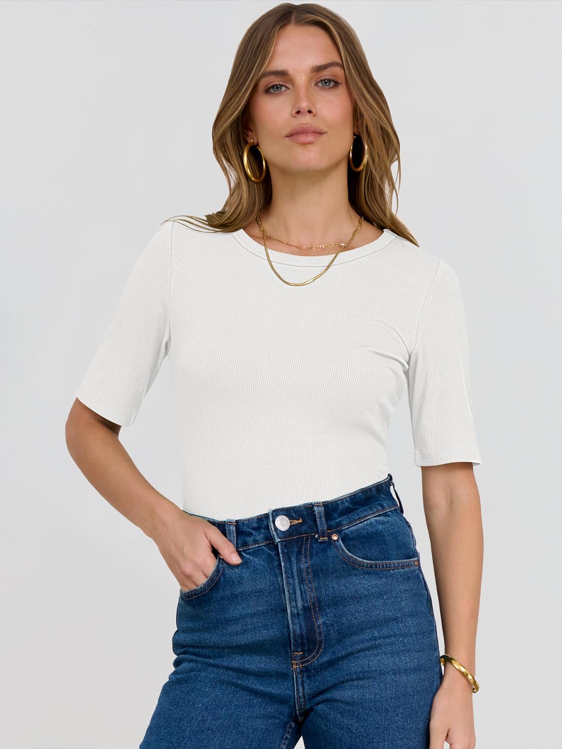 Womens Half Sleeve Crewneck Tops Ribbed Knit Slim Fit Shirts Basic Tee