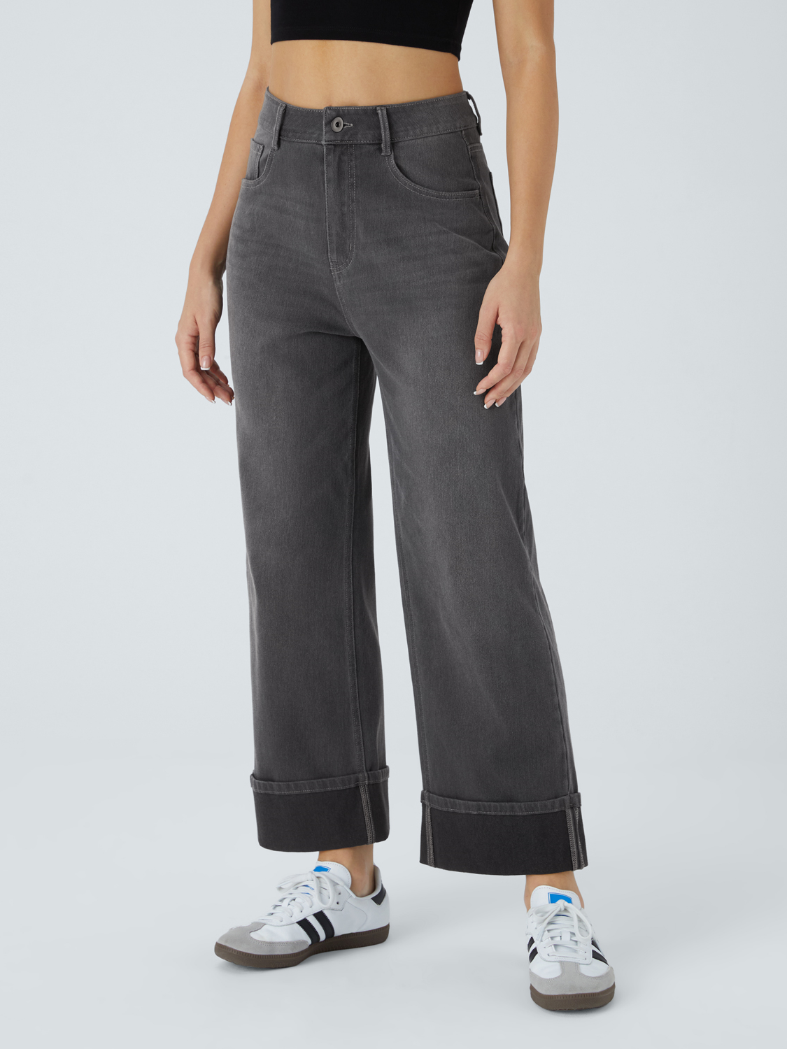 Women's High Waisted Multiple Pockets Rolled Hem Wide Leg Jeans