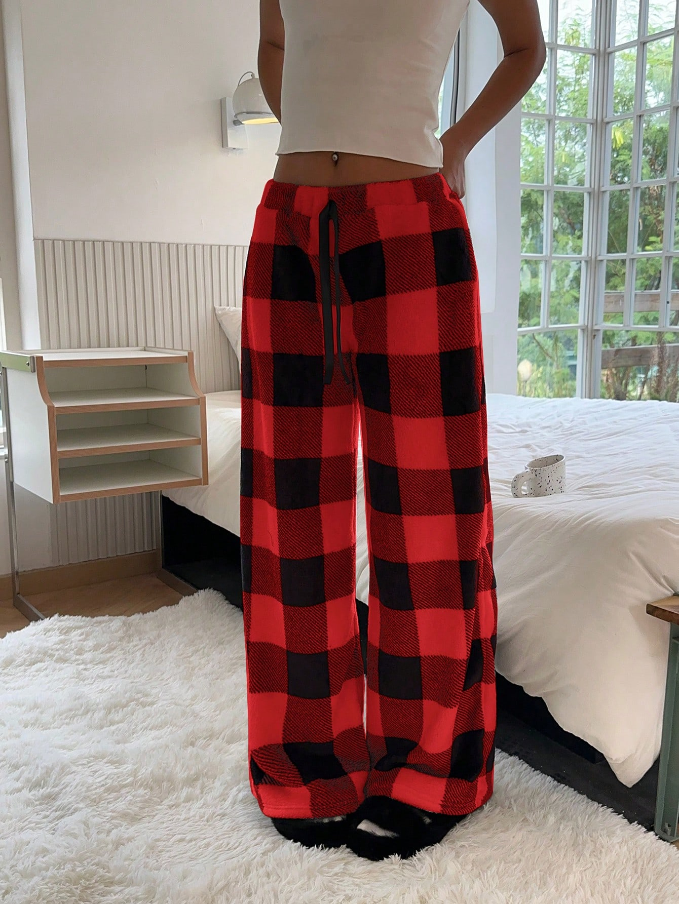 Women's Tie-Waist Fluffy Print Casual Wide Leg Baggy Pants