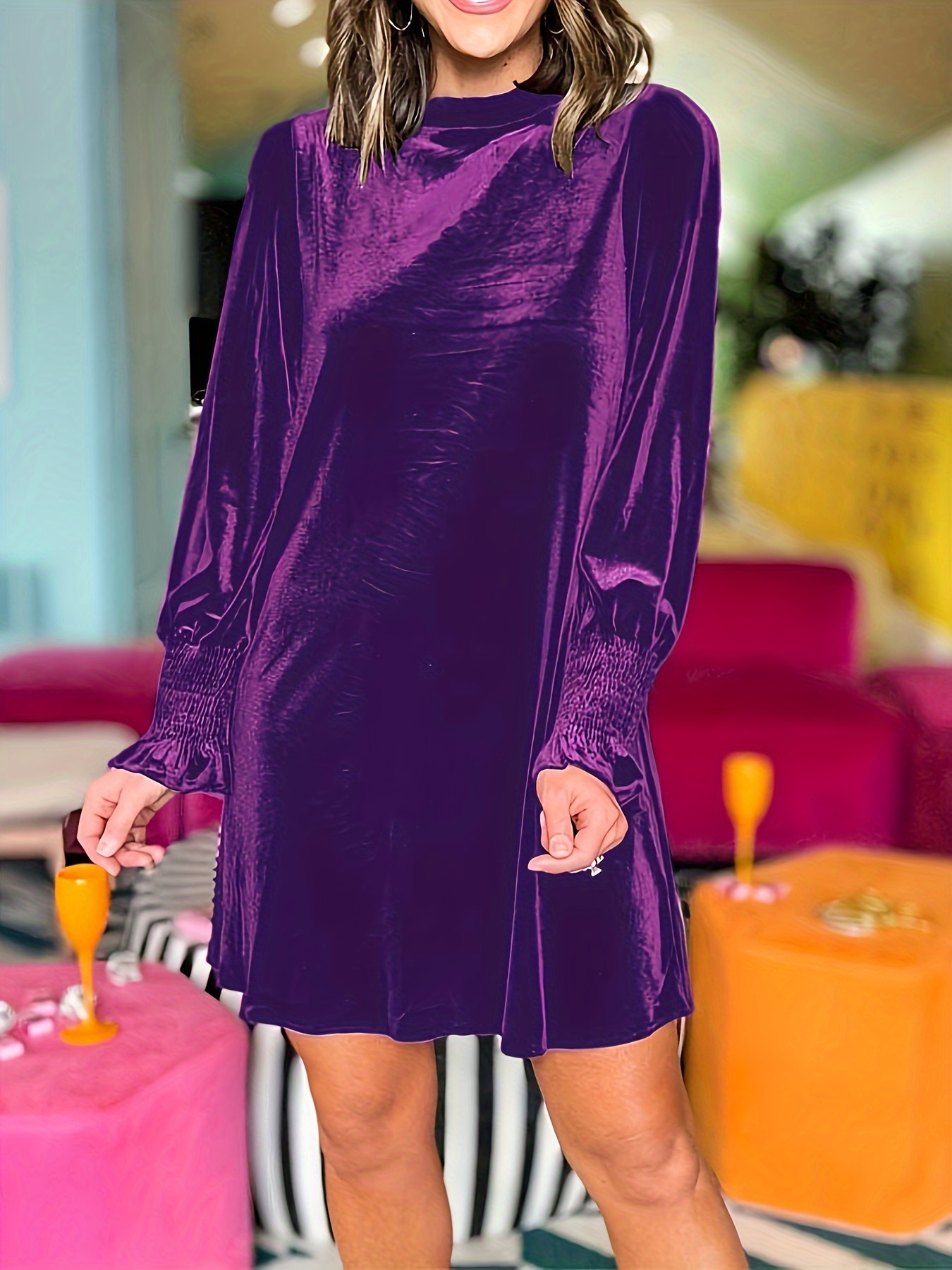 Women's Long Sleeve Crewneck Shift Velvet Dress