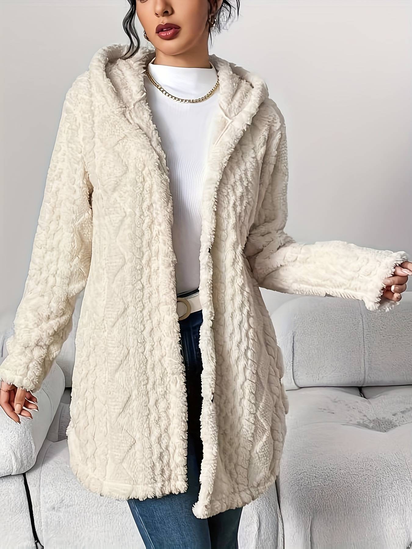 Womens Cozy Quilted Faux Fur Hooded Cardigan