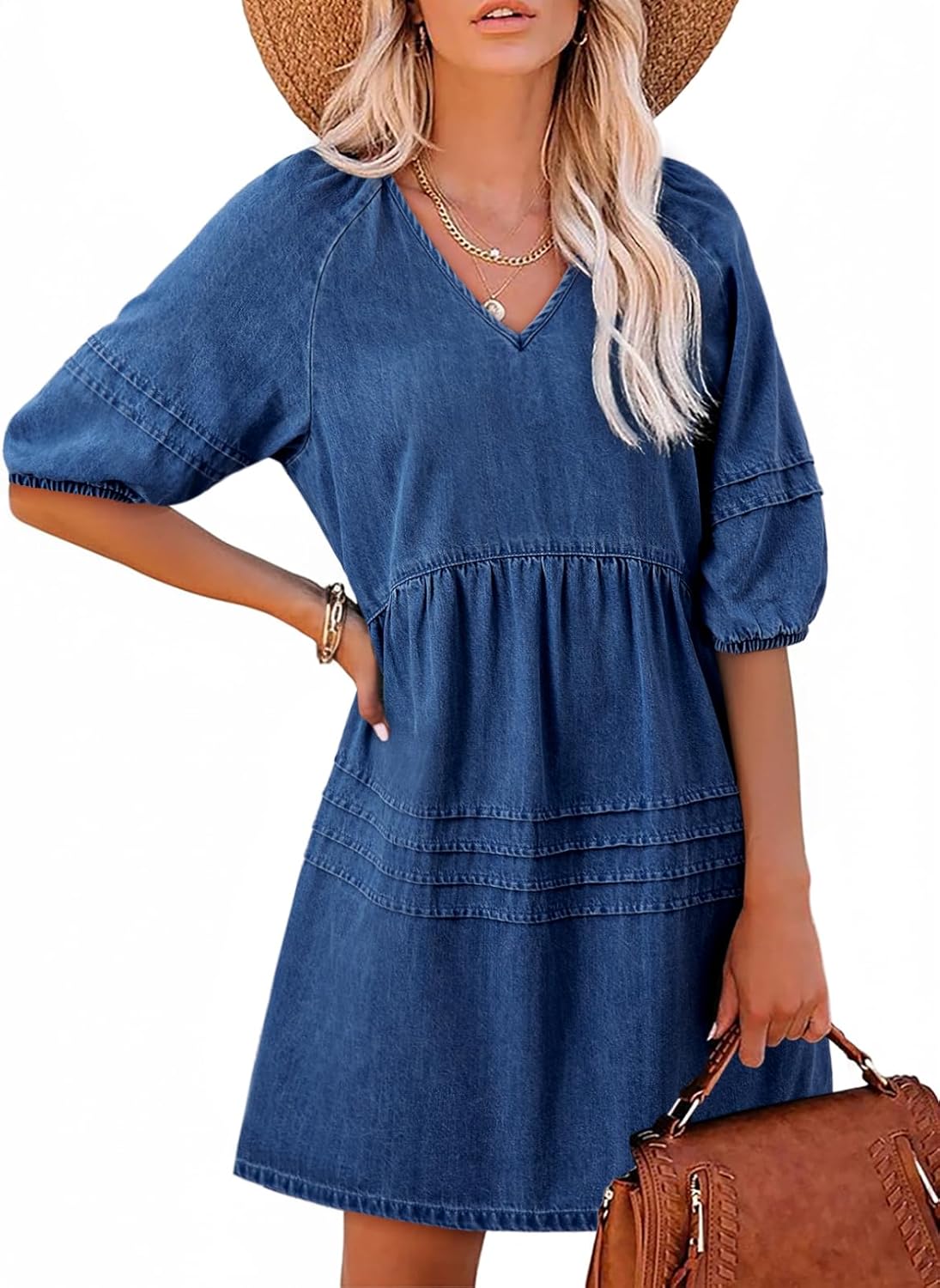 HOT SALE Women's Casual V Neck Puff Short Sleeve Denim Dress