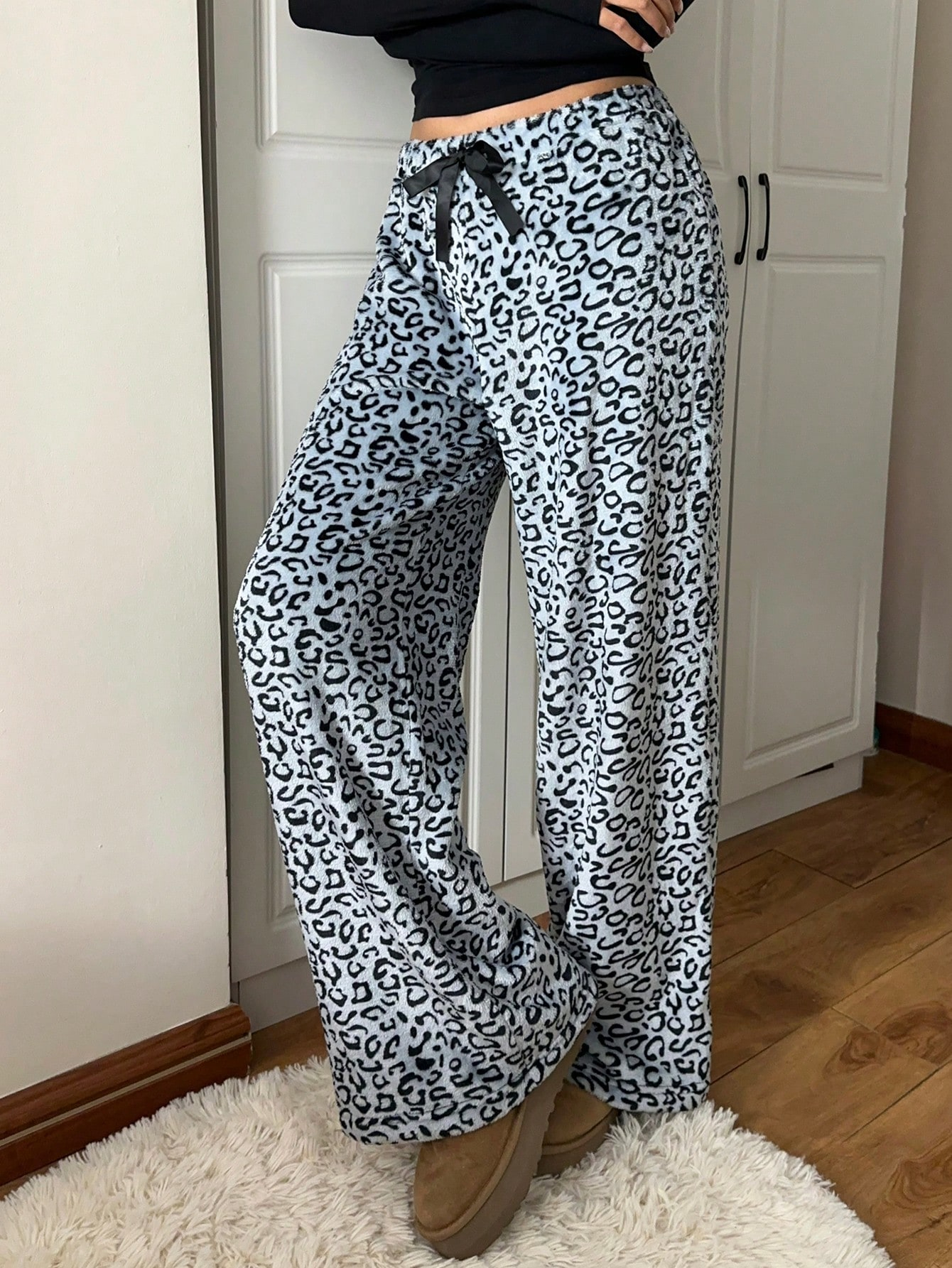 Women's Tie-Waist Fluffy Print Casual Wide Leg Baggy Pants