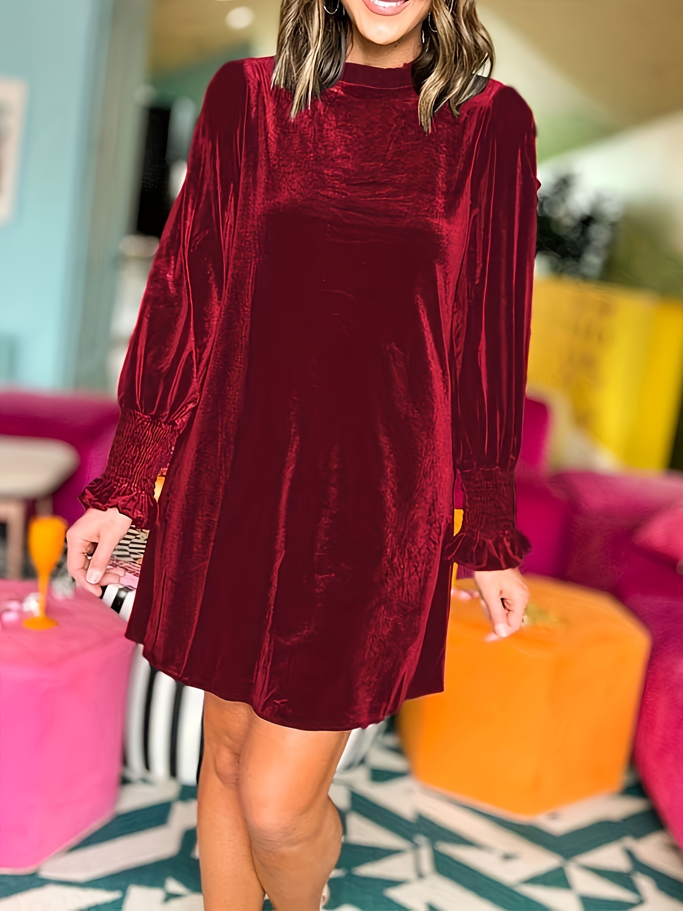 Women's Long Sleeve Crewneck Shift Velvet Dress