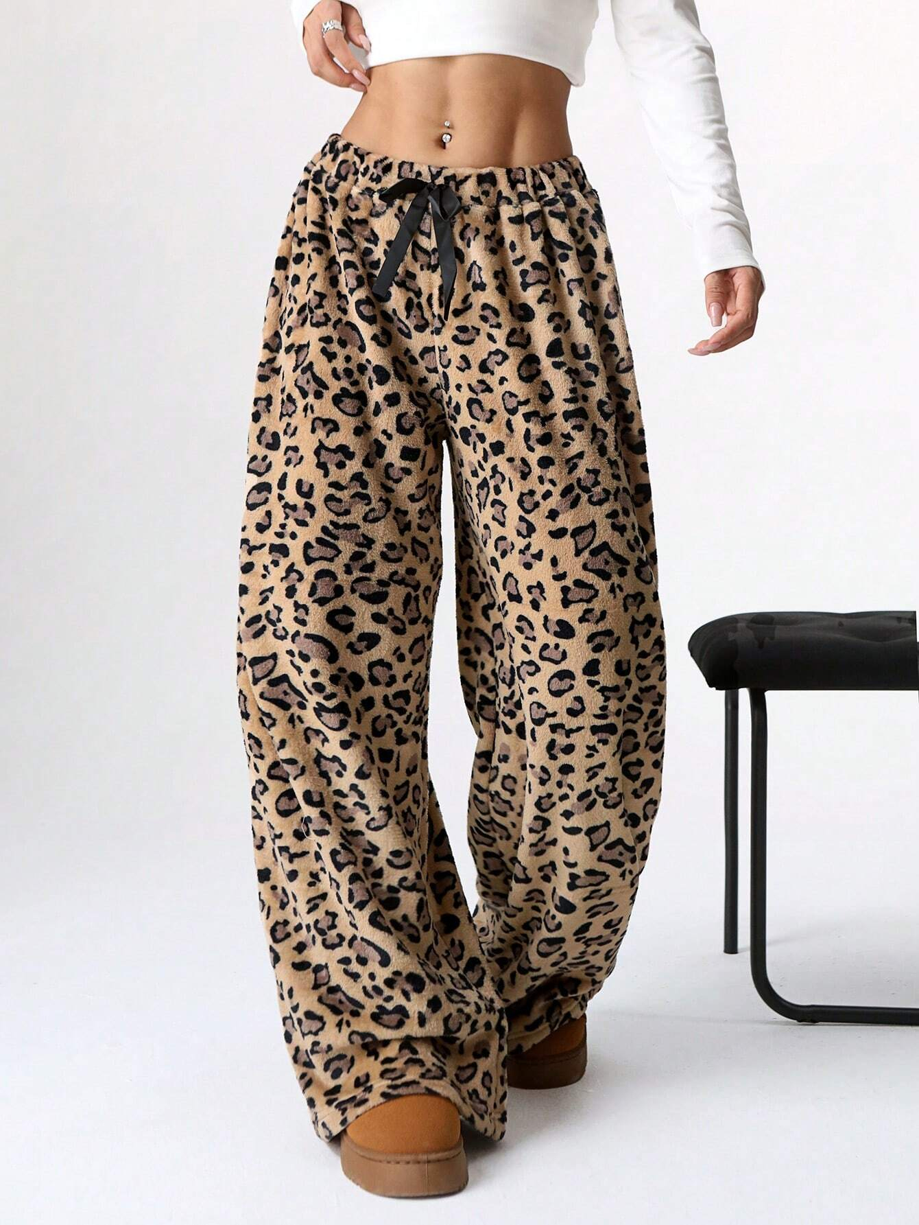 Women's Tie-Waist Fluffy Print Casual Wide Leg Baggy Pants