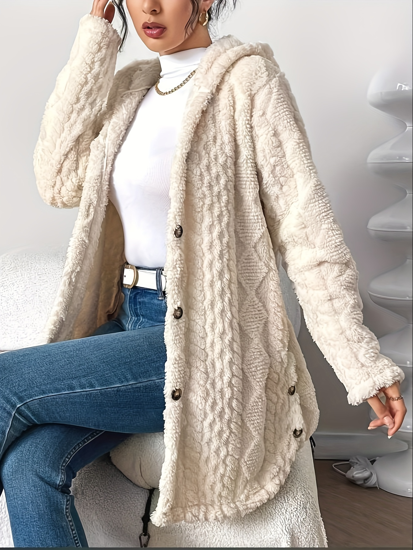 Womens Cozy Quilted Faux Fur Hooded Cardigan