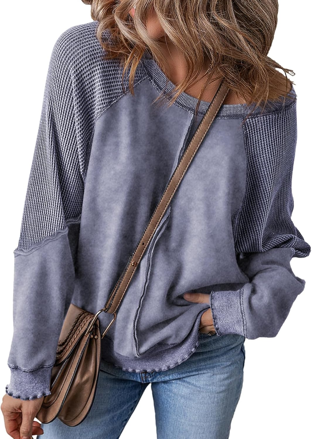 Womens Oversized Crewneck Long Sleeve Waffle Knit Tops