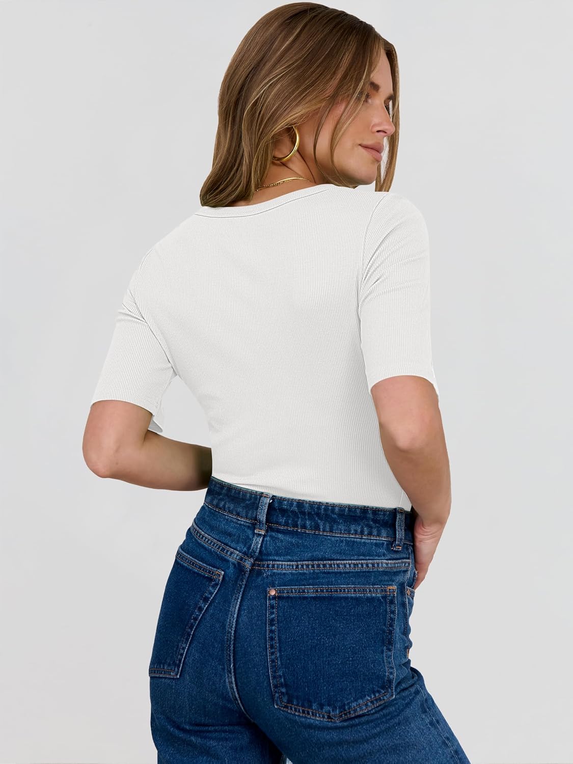 Womens Half Sleeve Crewneck Tops Ribbed Knit Slim Fit Shirts Basic Tee