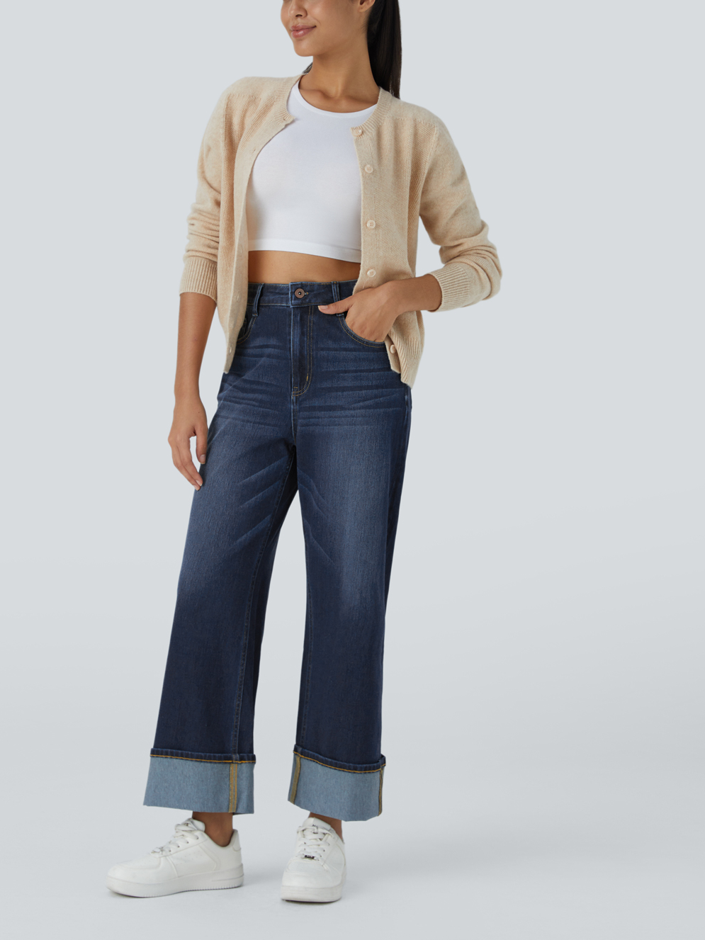 Women's High Waisted Multiple Pockets Rolled Hem Wide Leg Jeans