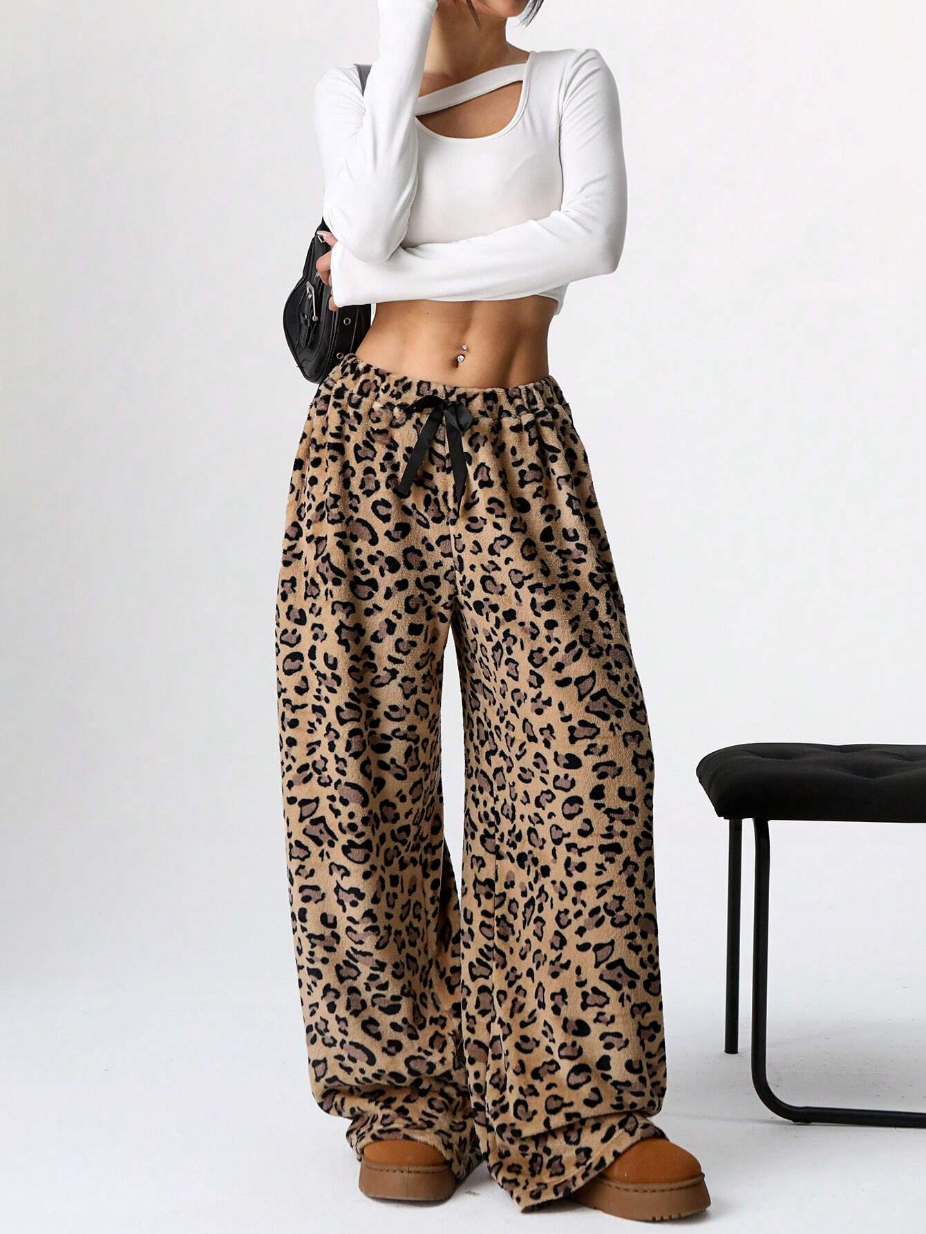 Women's Tie-Waist Fluffy Print Casual Wide Leg Baggy Pants