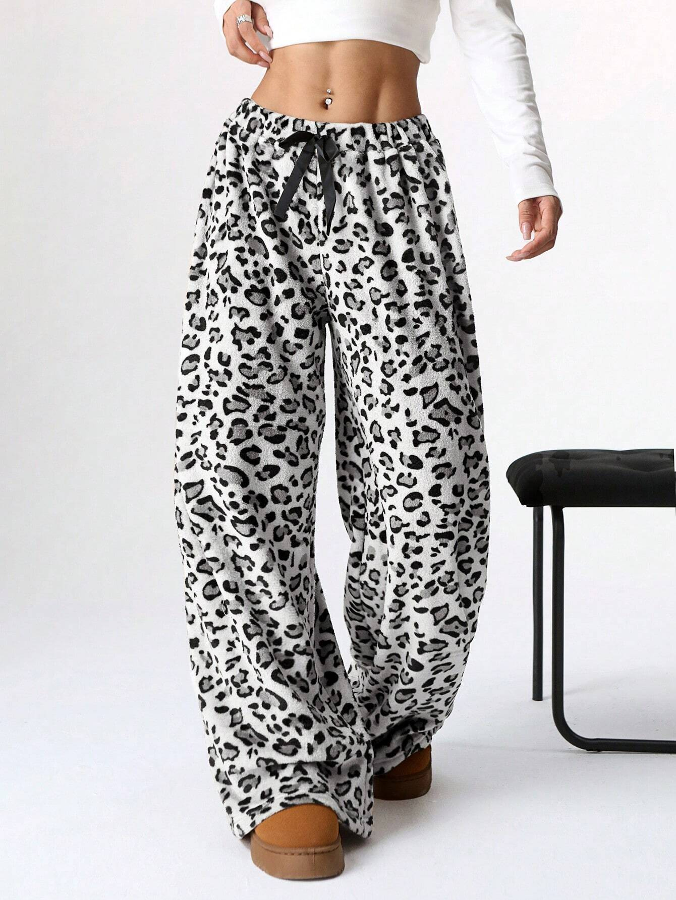 Women's Tie-Waist Fluffy Print Casual Wide Leg Baggy Pants