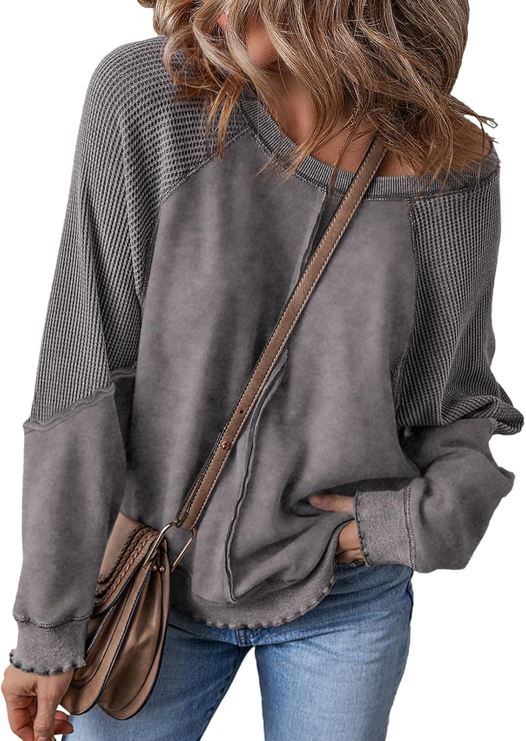 Womens Oversized Crewneck Long Sleeve Waffle Knit Tops