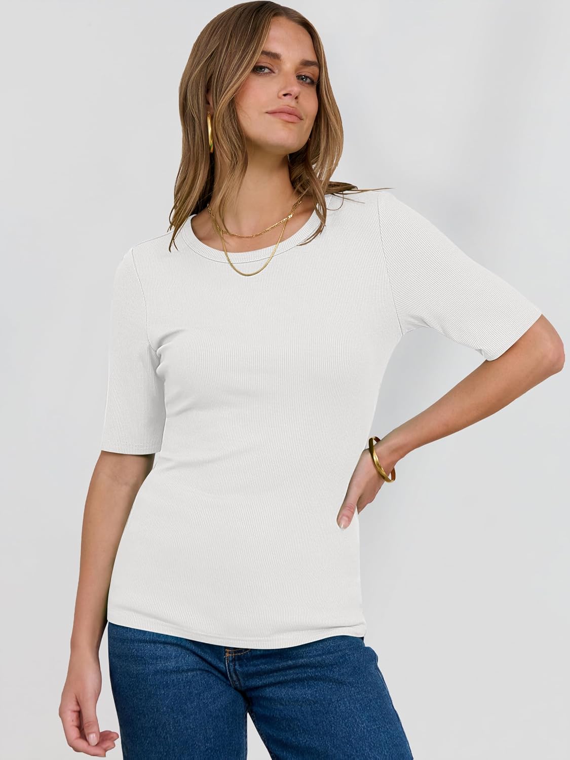 Womens Half Sleeve Crewneck Tops Ribbed Knit Slim Fit Shirts Basic Tee