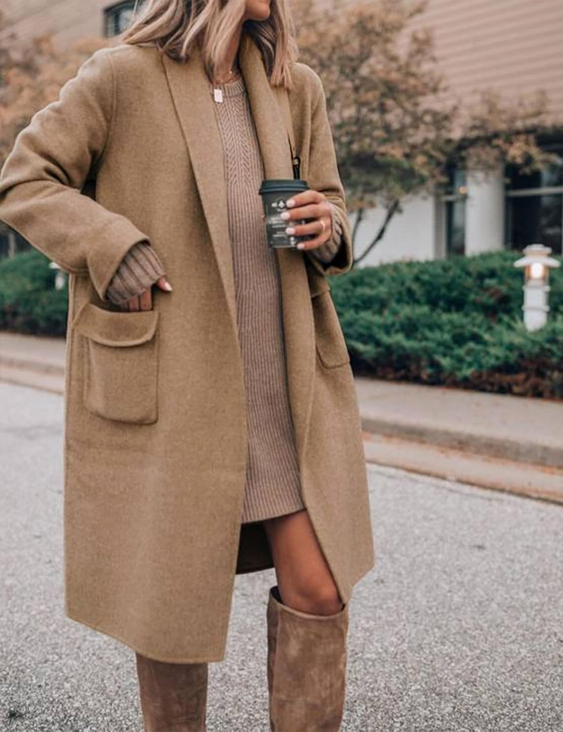 Women's Long Cardigan Wool Coat Open Front Pockets Warm Lapel Jacket Coat