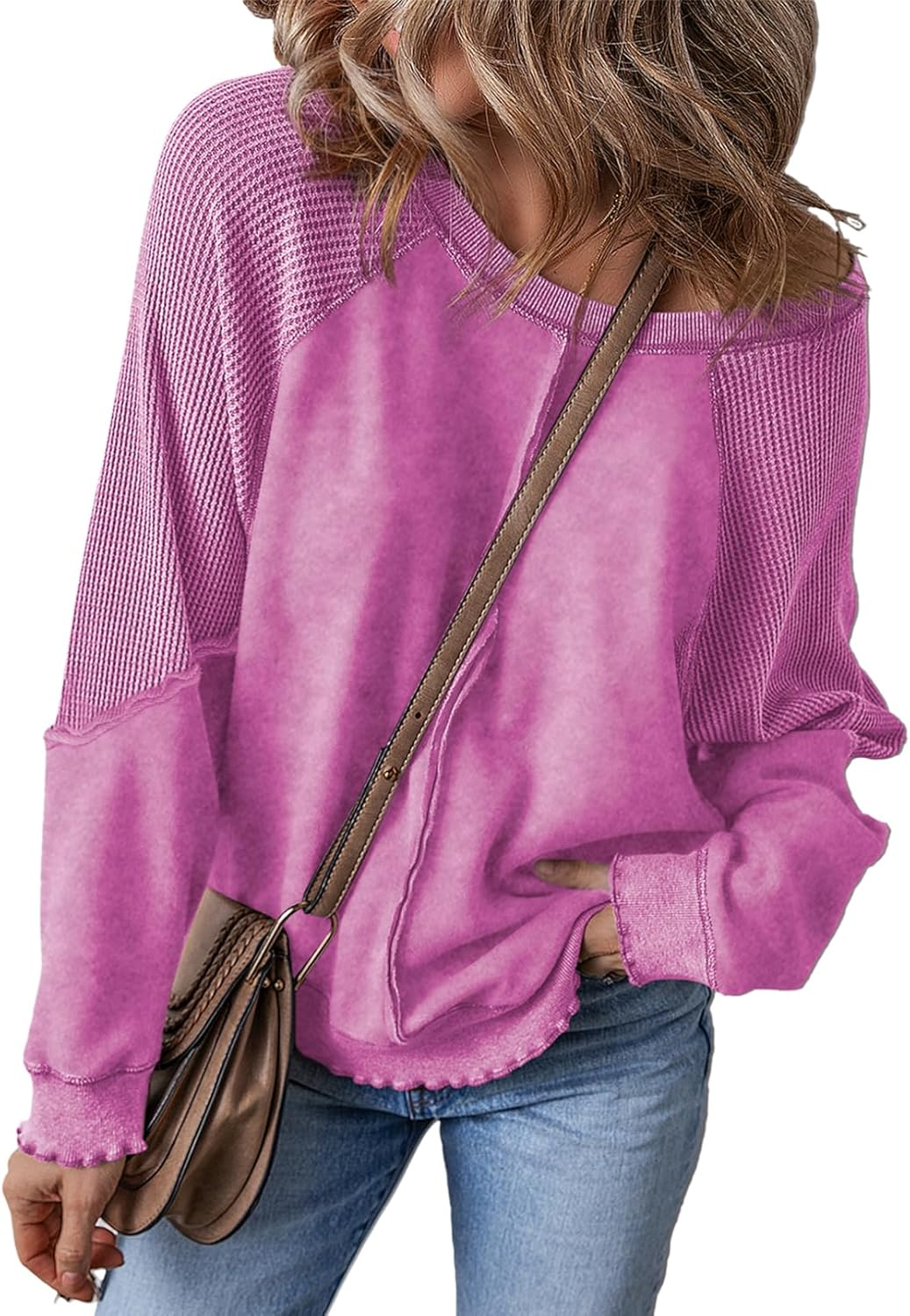 Womens Oversized Crewneck Long Sleeve Waffle Knit Tops