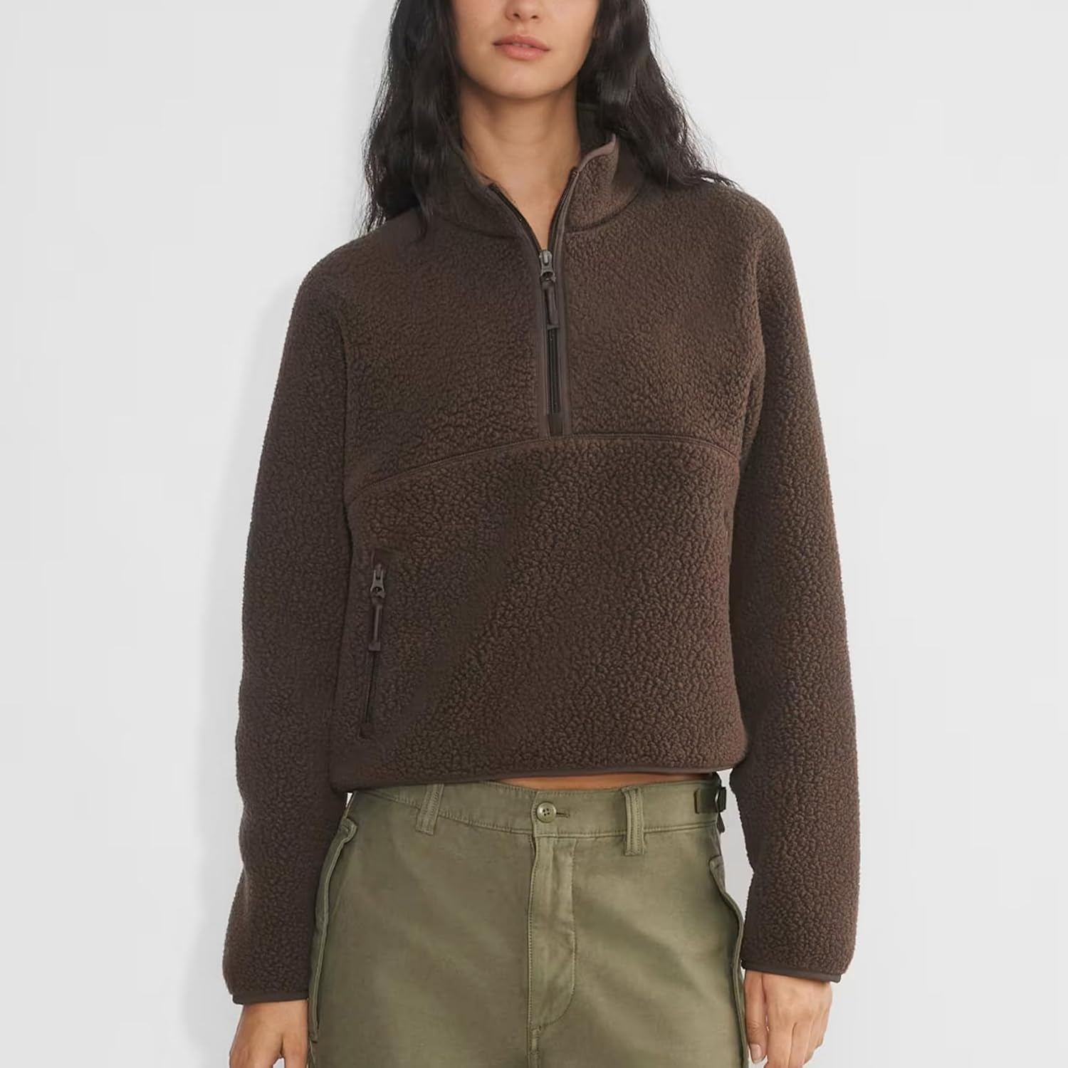 Womens Cropped Half Zip Fuzzy Warm Sherpa Fleece Pullover with Zipper Pockets