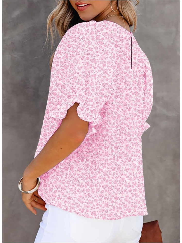 Women's Crewneck Smocked Puff Sleeve Floral Print Blouse (BUY 3 FREE SHIPPING)