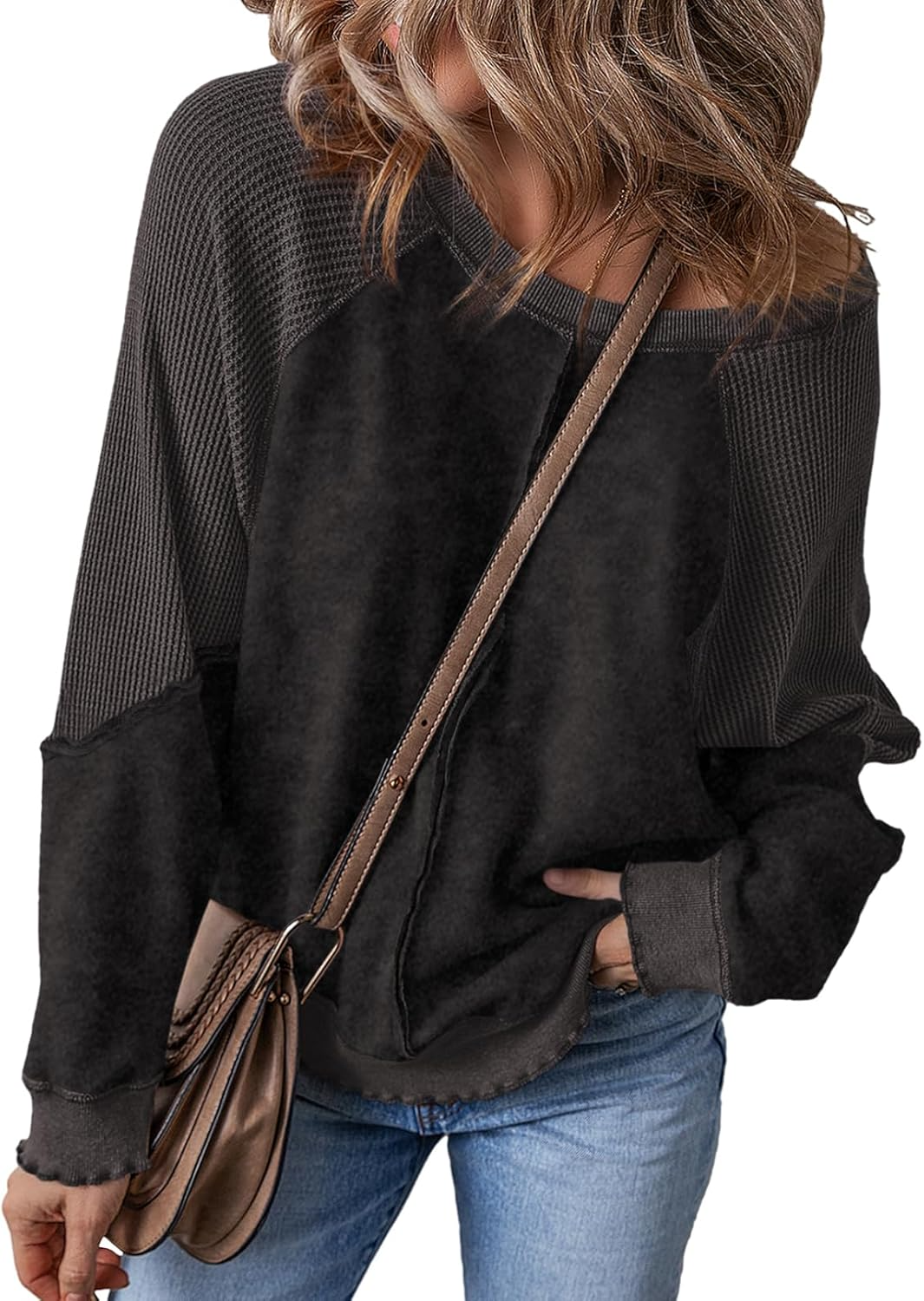 Womens Oversized Crewneck Long Sleeve Waffle Knit Tops