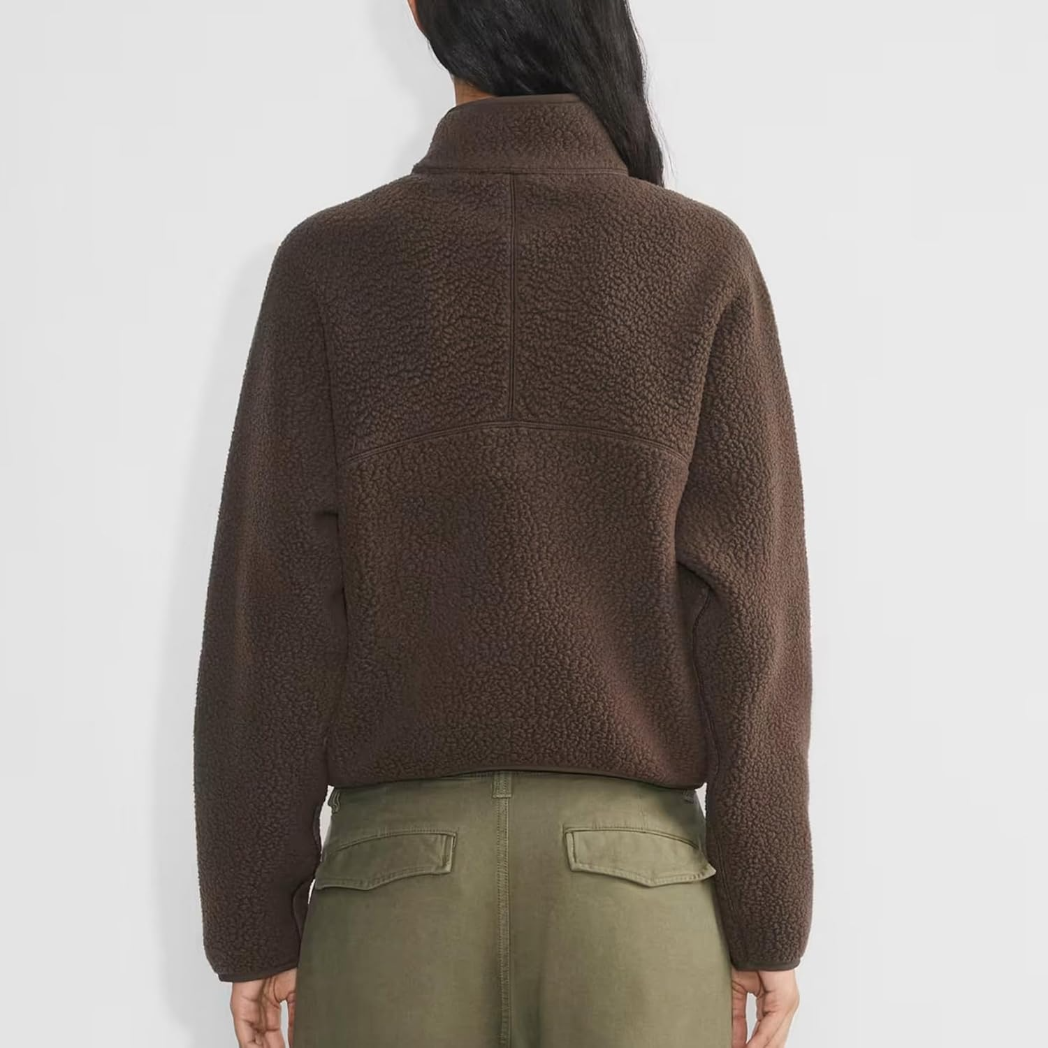 Womens Cropped Half Zip Fuzzy Warm Sherpa Fleece Pullover with Zipper Pockets