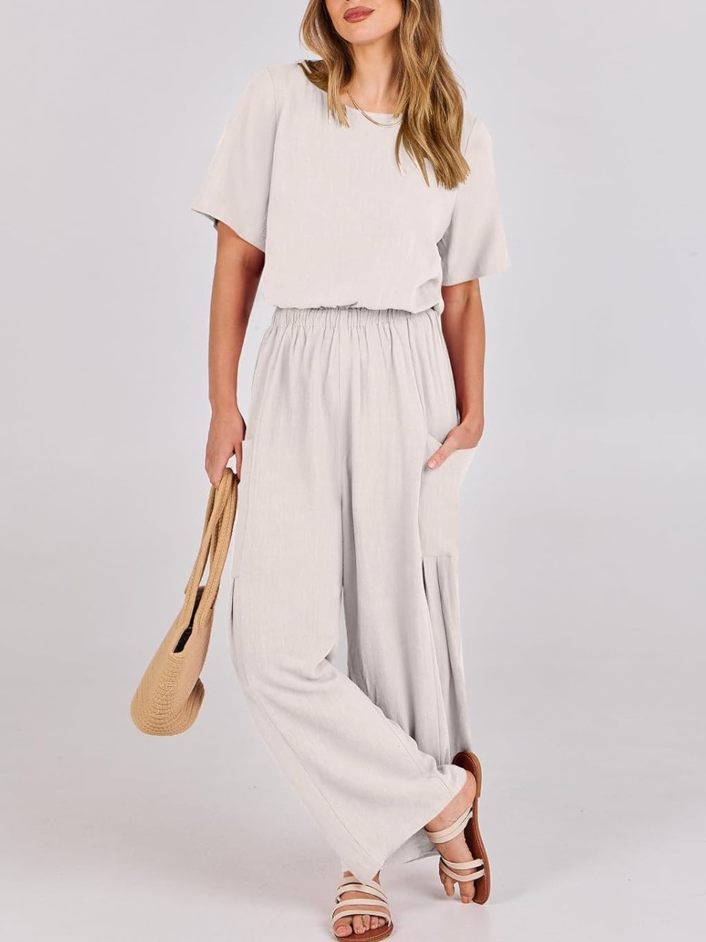 Short Sleeve Wide Leg Pants Linen Romper With Pockets